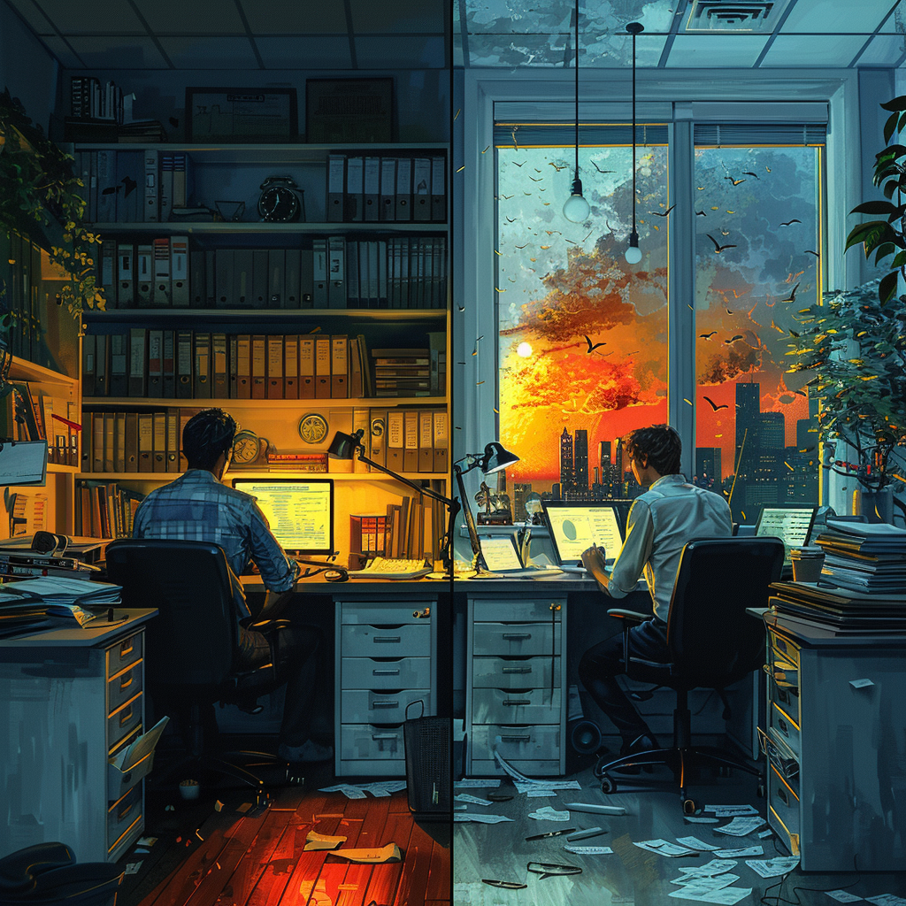 Panel 1: Imagine a cramped office overflowing with papers, a sense of disorganization and overwhelm hangs in the air. An HR manager struggles with stacks of files, outdated equipment, and a look of frustration. Panel 2: Picture a bright, modern office. Focused HR professionals work efficiently, utilizing sleek technology. The atmosphere is calm and collaborative, showcasing progress and efficiency.