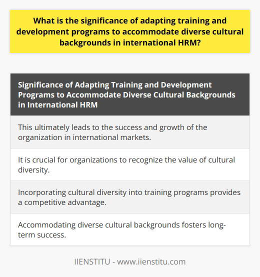 This ultimately leads to the success and growth of the organization in international markets. It is crucial for organizations to recognize the value of cultural diversity and incorporate it into their training programs for a competitive advantage and long-term success.