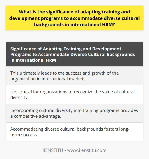 This ultimately leads to the success and growth of the organization in international markets. It is crucial for organizations to recognize the value of cultural diversity and incorporate it into their training programs for a competitive advantage and long-term success.