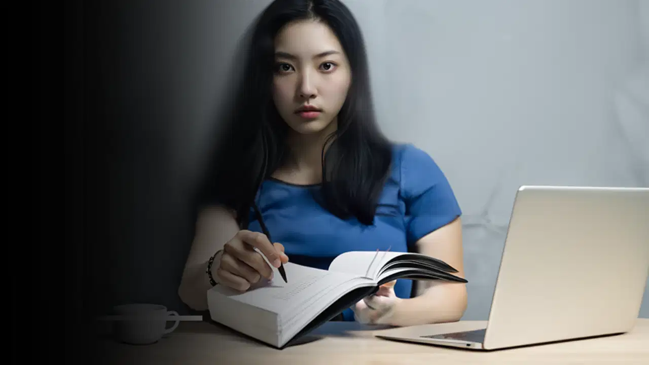 Hana Ito is studying online at the Institute with her computer.