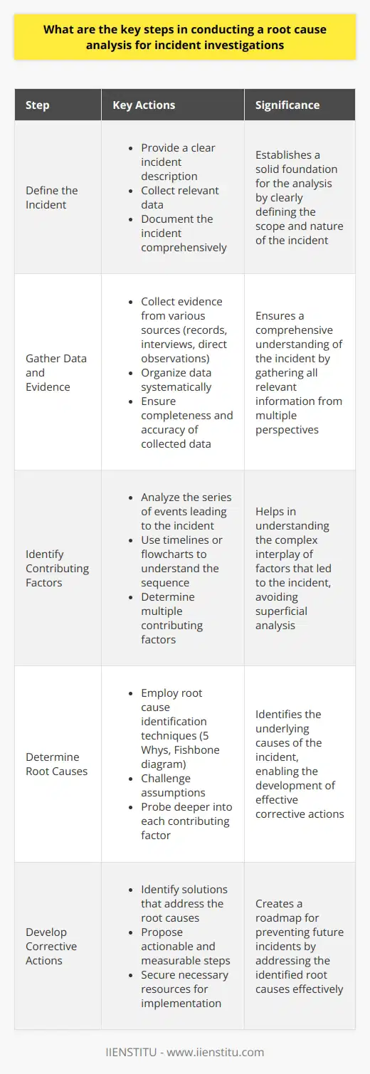 Understanding Root Cause Analysis Root cause analysis (RCA) is a methodical approach. It seeks to uncover the factors. These factors lead to an incident. The goal is straightforward. Identify the origin of problems or events. This ensures the creation of an effective solution. Step 1: Define the Incident Clear incident description is crucial. Begin with a detailed incident statement. This sets the stage for further analysis.  - - Collect all relevant data. - - Document the incident comprehensively. Step 2: Gather Data and Evidence A thorough data collection is vital. Collect evidence from various sources. Sources include records, interviews, and direct observations. - - Organize data systematically. - - Ensure completeness and accuracy. Step 3: Identify Contributing Factors Look beyond the immediate cause. Analyze the series of events. Use timelines or flowcharts to understand the sequence.  - - Determine multiple contributing factors. - - Avoid superficial analysis. Step 4: Determine Root Causes Root cause identification is the core. Employ root cause identification techniques. Techniques include the 5 Whys and Fishbone diagram.  - - Challenge assumptions. - - Probe deeper into each contributing factor. Step 5: Develop Corrective Actions Corrective actions aim to prevent recurrence. Identify solutions that address the root causes. Ensure solutions are robust and effective.  - - Propose actionable and measurable steps. - - Secure necessary resources for implementation. Step 6: Implement and Monitor Effective implementation is key. Translate action plans into reality. Monitor the effectiveness of the corrective actions. - - Document the implementation process. - - Adjust strategies as needed. Step 7: Ensure Continuous Improvement RCA is not a one-time task. Integrate lessons learned into business processes. Encourage a culture of continuous improvement. - - Review processes regularly. - - Update policies to prevent future incidents. Conclusion RCA is a critical tool for incident investigation. It involves various steps that require diligence. Following a systematic approach is essential. It ensures that the insights gained foster preventative measures. These measures lead to safer and more effective operations.