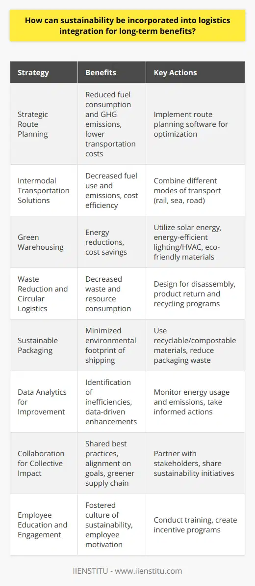 Sustainability has become a critical consideration in the global economy, and integrating sustainable practices into logistics can lead to significant long-term benefits, from environmental preservation to financial savings and improved corporate image. Here's how sustainability can be woven into logistics integration effectively.Strategic Route Planning to Decrease EmissionsOptimizing routes to ensure that deliveries are made using the shortest and least congested paths reduces both fuel consumption and greenhouse gas emissions. Integrating sophisticated route planning software can support this optimization process, leading to a decrease in transportation costs and a lower environmental impact.Incorporating Intermodal Transportation SolutionsIntermodal transportation, which involves the use of two or more modes of transport for a single shipment, can significantly cut down on fuel use and emissions. By combining rail, sea, and road transport, logistics can be more cost-efficient and less detrimental to the environment while maintaining timely delivery schedules.Embracing Green WarehousingAdopting sustainable practices within warehouse operations is another way to integrate sustainability into logistics. Green warehousing can include using solar energy, installing energy-efficient lighting and HVAC systems, and choosing eco-friendly building materials. These steps can lead to considerable energy reductions and cost savings over time.Prioritizing Waste Reduction and Circular LogisticsEmphasizing a circular logistics model facilitates the reuse and recycling of products and materials, thereby decreasing waste and resource consumption. Encouraging the design of products for ease of disassembly and recycling, as well as implementing programs for product return and recycling, can underpin a more sustainable logistics strategy.Committing to Sustainable PackagingThe shift to sustainable packaging – using materials that are recyclable, compostable, or made from renewable resources – can minimize the environmental footprint of shipping goods. Logistics integrators should engage with suppliers to ensure that packaging complies with sustainability standards and seek innovative ways to reduce packaging waste.Using Data Analytics for Continuous ImprovementData analytics play a pivotal role in monitoring and improving the sustainability aspects of logistics. By analyzing data on energy usage, emission levels, and other sustainability metrics, companies can pinpoint inefficiencies and take data-driven actions to enhance their sustainability efforts.Collaborating for Collective ImpactSustainability in logistics is not only about internal changes but also about collaboration across the supply chain. Companies can work together to share best practices, align on sustainability goals, and leverage collective buying power to encourage suppliers to adopt greener practices.Investing in Employee Education and EngagementA culture of sustainability can be fostered through employee education and engagement. Training workforce on sustainable practices and creating incentive programs can motivate employees to take an active role in a company's sustainability mission.By focusing on the aforementioned strategies, logistics integration can be transformed into a model of efficiency and sustainability. Equally important is the transparency and communication of these efforts to stakeholders, including customers, to build trust and establish a company’s commitment to sustainable development. Though the road to integrating sustainability in logistics may require investment and innovation, the long-term gains in cost savings, customer loyalty, and environmental stewardhip make it a clear path forward for the logistics industry.