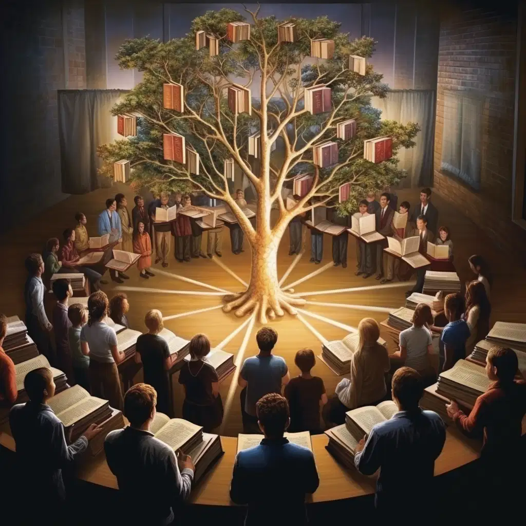 A group of people of different ages and genders are gathered around a tree, immersed in their books. They are enjoying the serenity of the sunny day, with the leaves rustling in the breeze. Some are seated on the grass, while others are leaning against the tree, content in their own world. Their books are of various sizes and genres, reflecting their individual preferences and interests. The sunlight is shining down, illuminating the scene and providing a tranquil atmosphere. It's a moment of peaceful respite, with knowledge shared and stories exchanged.