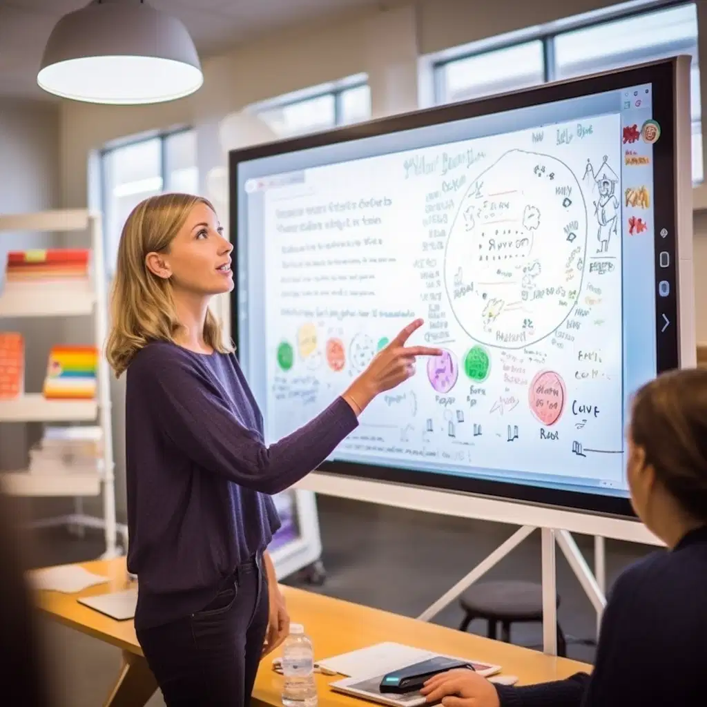 A woman stands in front of a whiteboard, her arm outstretched and her finger pointing. She wears a light blue t-shirt and dark blue jeans, her hair pulled back in a neat bun. Her eyes are focused on the whiteboard, her expression determined. She looks to be in her late twenties or early thirties, her face illuminated by the soft glow of the overhead lighting. On the whiteboard is a diagram of some kind, and she is clearly illustrating a point related to it. Her body language conveys her enthusiasm and engagement with the topic.