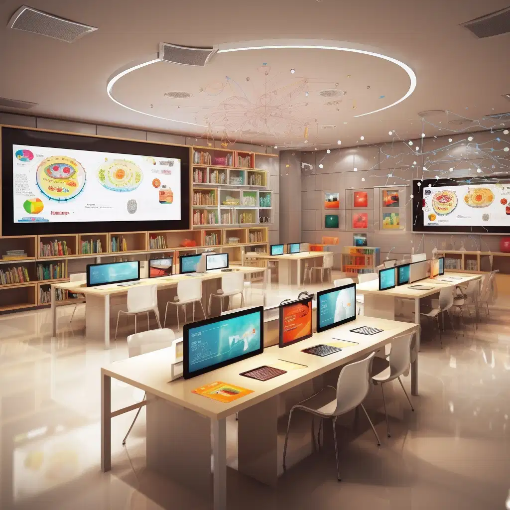 This image shows a modern computer room with several desks and chairs. On the wall there is a large, flat screen television mounted, and multiple computers with their keyboards and monitors connected to the wall. The room is brightly lit and has a clean, professional feel to it. It's a great workspace for anyone who needs to do computer-related work. The computers are arranged in a neat row, and the large screen television provides a great view for everyone in the room. The desks and chairs are comfortable and all in good condition, providing a great working environment for anyone who needs to get things done.