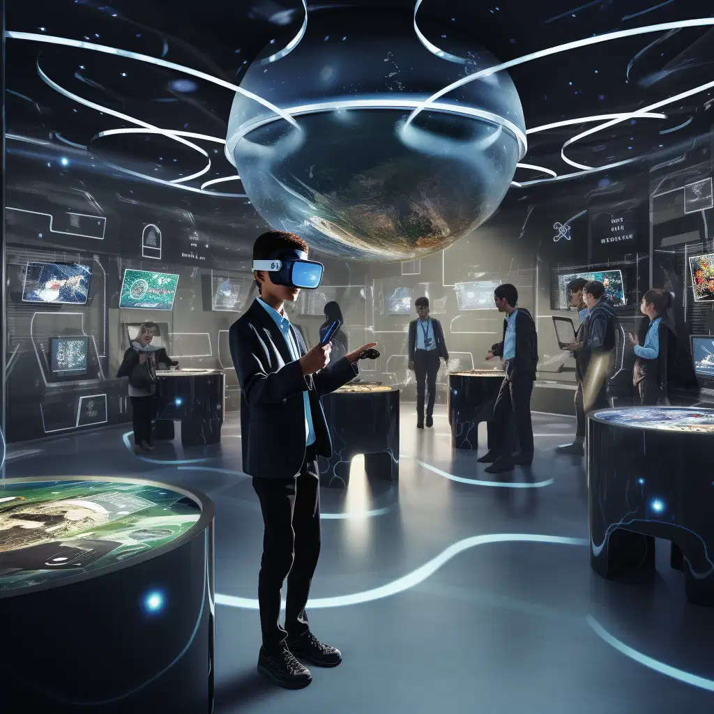 A man, wearing a virtual reality headset, stands in a room with a group of people around him. He has a dark-colored shirt on, and his hair is combed back. He is focused on the virtual world in front of him, his eyes wide and his mouth slightly open. His hands are raised in front of him, possibly manipulating the virtual reality world. The other people in the room are looking at him with curiosity and awe, their eyes filled with wonder. The room is filled with a mix of colors and textures, and a few pieces of technology are scattered around. The man is completely immersed in the virtual reality world, and the people around him are captivated by the scene.