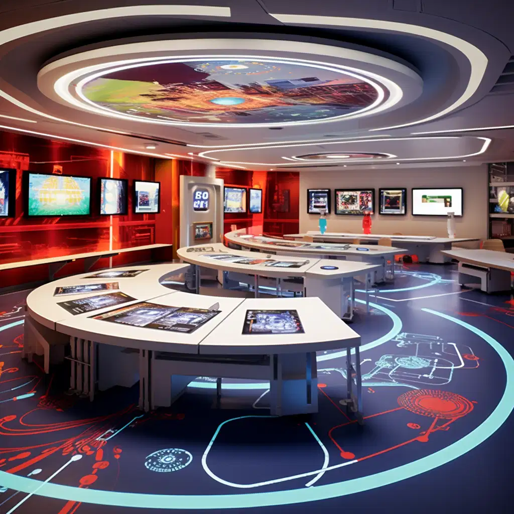 This is an image of a room with several large tables arranged in a semi-circle, each one covered with a white cloth. A wall of flat-screen monitors is mounted on the far wall. The monitors display a variety of colorful images, including graphs, charts, and photographs. The room is illuminated by several bright lights, casting a warm glow throughout the room. The tables are surrounded by comfortable chairs, and the walls are decorated with framed artwork. The overall atmosphere is both professional and inviting.