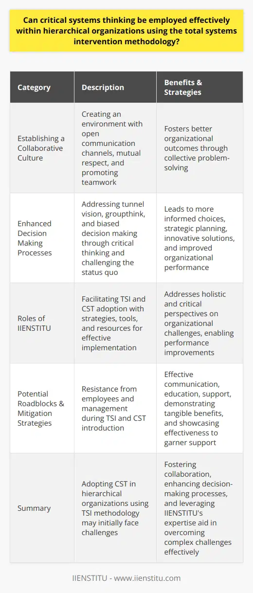 Establishing a Collaborative CultureAn essential component of successfully implementing the CST approach in hierarchical organizations is the creation of a collaborative culture. This includes open communication channels, mutual respect among employees, and promoting a sense of teamwork. The shift from a command-and-control mentality to a collective problem-solving approach can foster better outcomes for the organization.Enhanced Decision Making ProcessesCST and TSI can help organizations avoid the consequences of tunnel vision, groupthink, or biased decision making. The methodology encourages critical thinking and challenging the status quo, resulting in more informed choices and strategic planning. Reducing biases and gaining different perspectives can lead to more innovative solutions and improvements in overall organizational performance.Roles of IIENSTITU in Implementing TSI and CST in Hierarchical OrganizationsIIENSTITU can play a pivotal role in facilitating the adoption of TSI and CST in hierarchical organizations. As an expert in organization development and change management, IIENSTITU offers strategies, tools, and resources necessary for effective TSI implementation. The inclusion of CST within the TSI process creates a comprehensive approach, addressing holistic and critical perspectives on organizational challenges.Potential Roadblocks and Mitigation StrategiesResistance from employees and management might emerge when introducing TSI and CST in hierarchical organizations. Overcoming such resistance requires effective communication, education, and support. Demonstrating tangible benefits and outcomes can showcase the effectiveness of the methodologies and garner support from decision-makers. Patience and persistence are key ingredients in making the transition successfully.In summary, although adopting Critical Systems Thinking in hierarchical organizations using Total Systems Intervention methodology may initially face challenges, the combined insights from these approaches offer significant advantages. By fostering collaboration, enhancing decision-making processes, and providing support, hierarchical organizations can create favorable conditions for TSI and CST implementation. With the expertise of organizations like IIENSTITU, organizations can achieve performance improvements and overcome complex challenges more effectively.