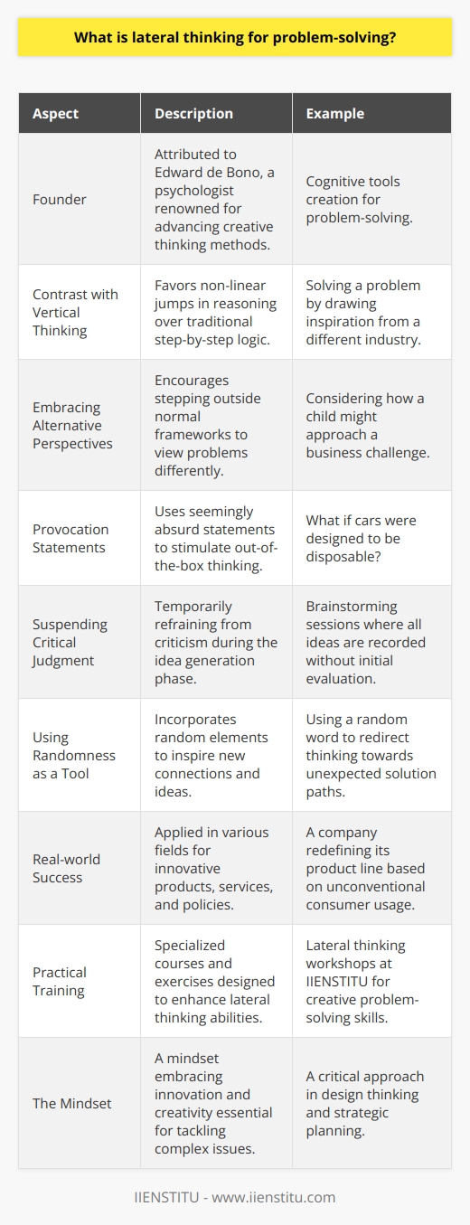 Lateral thinking for problem solving is an inventive approach that is designed to move beyond traditional step-by-step logic to find new and unexpected solutions. This inventive methodology is attributed to Edward de Bono, a psychologist and author known for his work in the development of cognitive tools and creative thinking techniques.Unlike vertical thinking, which follows established rules and paths, lateral thinking encourages a person to leap sideways when they hit a dead end or when the path forward is not clear. This strategy is particularly useful when the solution to a problem is not immediately apparent through conventional methods.Embracing Alternative PerspectivesA critical aspect of lateral thinking is the willingness to explore perspectives that are not obvious. This means stepping outside of commonplace frameworks to look at problems from an entirely new angle. This can involve questioning the status quo and considering the problem in a broader or more abstract context.Provocation StatementsProvocation statements are a distinct tool utilized in lateral thinking. When a thinker is faced with a provocation, they must suspend judgment and use the statement as a stimulus for generating new ideas. These provocations might seem absurd or impractical at first, but they can pave the way to groundbreaking solutions by creating a space for out-of-the-box thinking.Suspending Critical JudgmentAn important ground rule in lateral thinking exercises, like brainstorming, is the temporary suspension of critical judgment. When generating ideas, the focus is on quantity and novelty rather than quality and practicality. Participants are encouraged to produce a high volume of ideas where wild and imaginative contributions are welcome. Later, a more analytical process may be employed to refine and evaluate these ideas.Using Randomness as a ToolThe random input method introduces chance into the problem-solving equation. By drawing connections between the issue at hand and a seemingly random word, object, or idea, new pathways can be formed. This technique sparks fresh thoughts that might be the key to innovative solutions.Real-world Applications and SuccessesLateral thinking has been employed to great success in various fields. For instance, innovative companies often use lateral thinking to come up with groundbreaking products or services, or to develop original marketing strategies that stand out in a crowded marketplace. In social issues, lateral thinking can lead to novel approaches in policy making, education, and community engagement.Practical Exercises and TrainingThere are many exercises designed to train the brain in lateral thinking. These can include puzzle solving, riddles, and role-playing scenarios that challenge conventional patterns. Institutes like IIENSTITU may provide specialized courses and workshops to hone individuals' lateral thinking abilities, equipping them with the skills to tackle complex problems in creative and effective ways.In essence, lateral thinking is not just a skill but a mindset that allows for the birth of innovation and creativity. In a world where challenges are becoming increasingly complex and intertwined, the ability to engage in lateral thinking is not merely advantageous—it's essential.