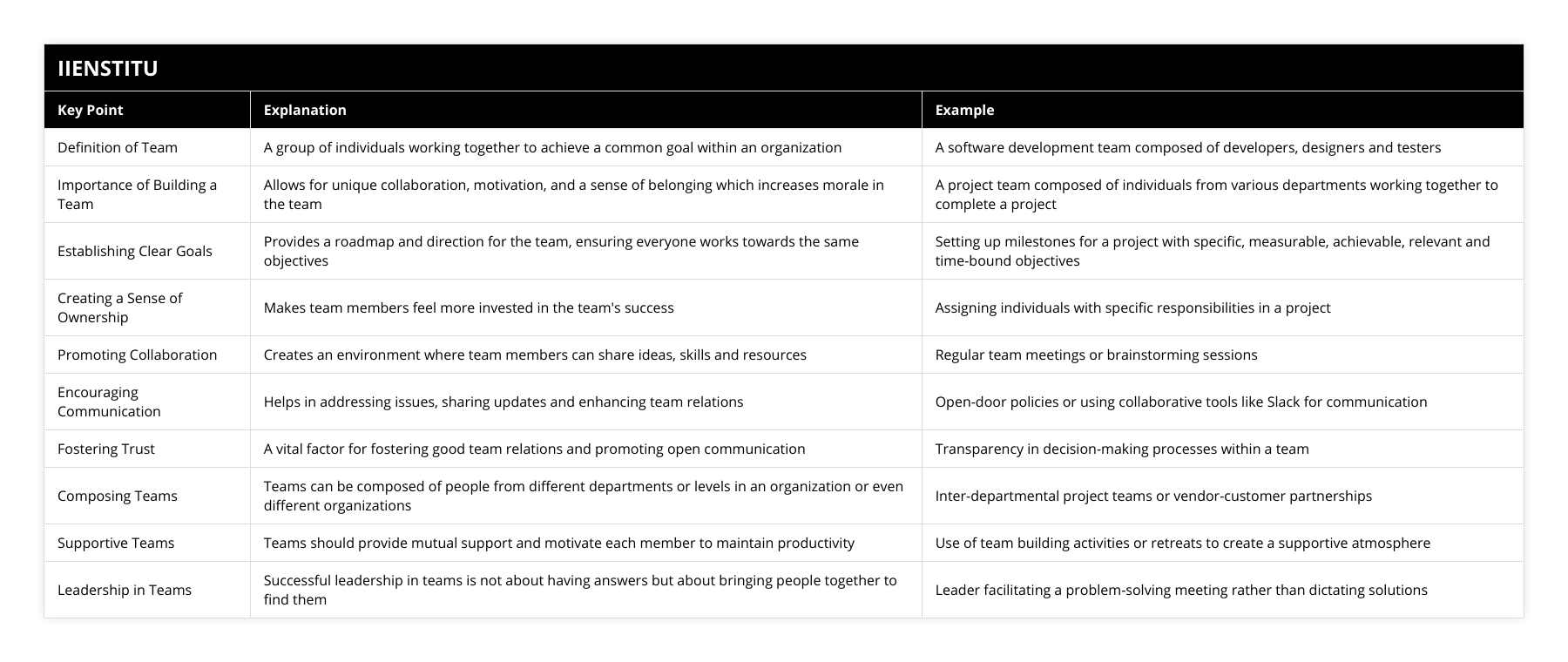 Definition of Team, A group of individuals working together to achieve a common goal within an organization, A software development team composed of developers, designers and testers, Importance of Building a Team, Allows for unique collaboration, motivation, and a sense of belonging which increases morale in the team, A project team composed of individuals from various departments working together to complete a project, Establishing Clear Goals, Provides a roadmap and direction for the team, ensuring everyone works towards the same objectives, Setting up milestones for a project with specific, measurable, achievable, relevant and time-bound objectives, Creating a Sense of Ownership, Makes team members feel more invested in the team's success, Assigning individuals with specific responsibilities in a project, Promoting Collaboration, Creates an environment where team members can share ideas, skills and resources, Regular team meetings or brainstorming sessions, Encouraging Communication, Helps in addressing issues, sharing updates and enhancing team relations, Open-door policies or using collaborative tools like Slack for communication, Fostering Trust, A vital factor for fostering good team relations and promoting open communication, Transparency in decision-making processes within a team, Composing Teams, Teams can be composed of people from different departments or levels in an organization or even different organizations, Inter-departmental project teams or vendor-customer partnerships, Supportive Teams, Teams should provide mutual support and motivate each member to maintain productivity, Use of team building activities or retreats to create a supportive atmosphere, Leadership in Teams, Successful leadership in teams is not about having answers but about bringing people together to find them, Leader facilitating a problem-solving meeting rather than dictating solutions