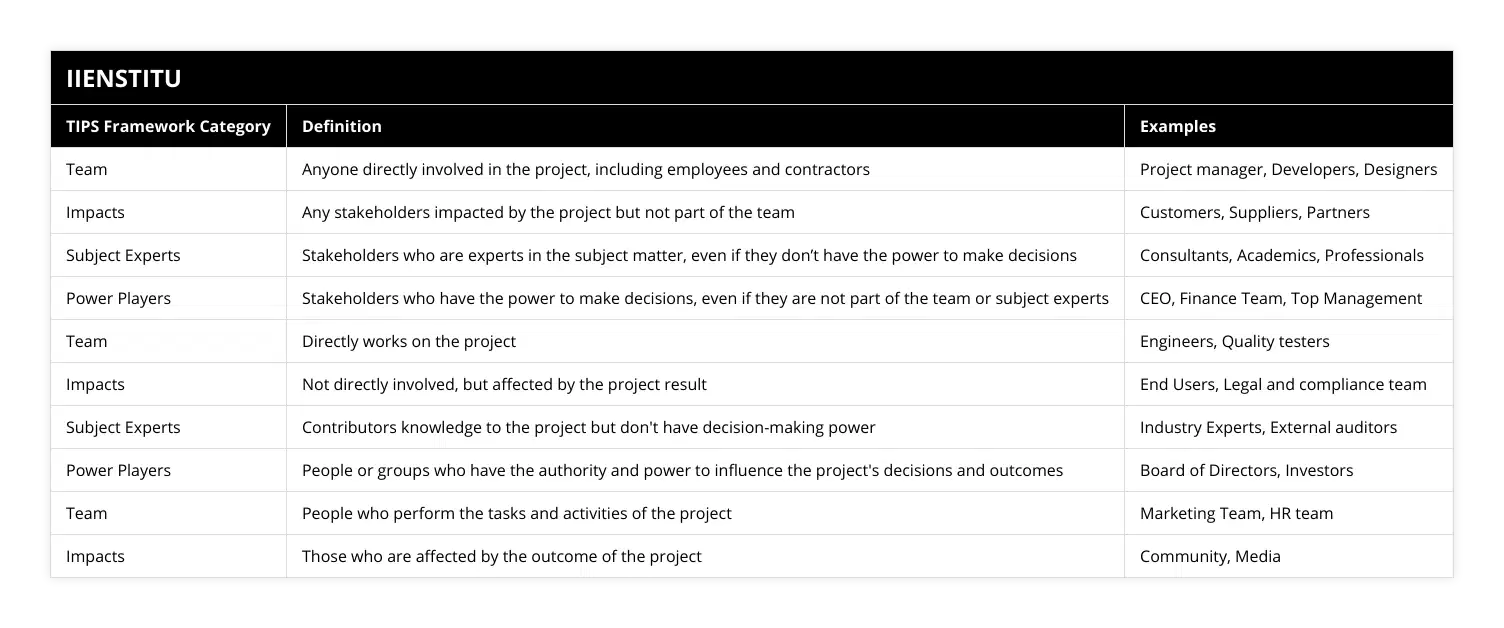 Team, Anyone directly involved in the project, including employees and contractors, Project manager, Developers, Designers, Impacts, Any stakeholders impacted by the project but not part of the team, Customers, Suppliers, Partners, Subject Experts, Stakeholders who are experts in the subject matter, even if they don’t have the power to make decisions, Consultants, Academics, Professionals, Power Players, Stakeholders who have the power to make decisions, even if they are not part of the team or subject experts, CEO, Finance Team, Top Management, Team, Directly works on the project, Engineers, Quality testers, Impacts, Not directly involved, but affected by the project result, End Users, Legal and compliance team, Subject Experts, Contributors knowledge to the project but don't have decision-making power, Industry Experts, External auditors, Power Players, People or groups who have the authority and power to influence the project's decisions and outcomes, Board of Directors, Investors, Team, People who perform the tasks and activities of the project, Marketing Team, HR team, Impacts, Those who are affected by the outcome of the project, Community, Media