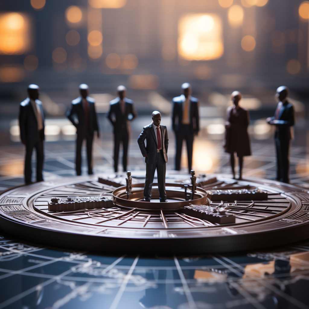 A miniature tableau portraying a man standing at the center of a circular, maze-like structure, surrounded by other figures in business attire. The setting appears to be atop a large, detailed city map, with the golden glow of a cityscape in the background. The central figure's prominent position suggests a theme of leadership and strategy, while the surrounding characters could represent team members or different aspects of a business environment. The intricate design of the maze and the map implies complex decision-making and the navigational aspect of leadership.
