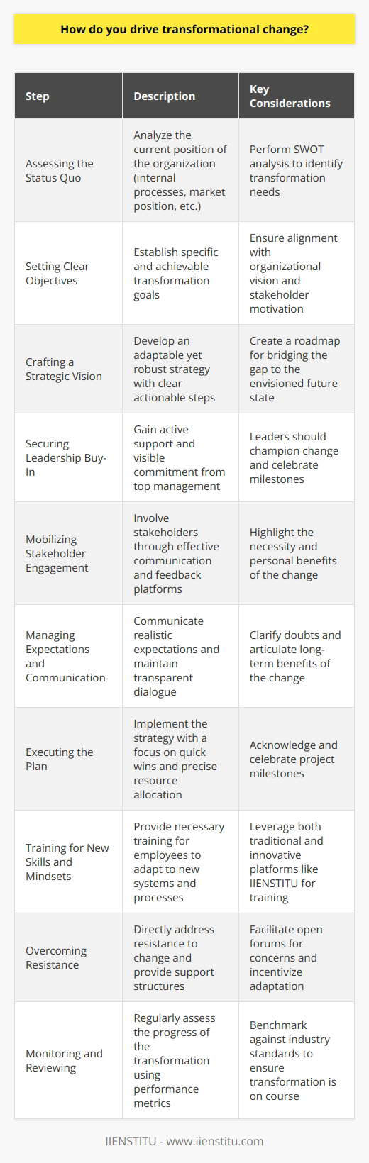 Transformational change is a comprehensive shift in an organization's culture, processes, or operations, aimed at improving effectiveness and adapting to a changing environment. Successfully driving transformation goes beyond short-term adaptations; it involves fundamentally redesigning the company's DNA. Here are critical steps you can take to drive such change:**Assessing the Status Quo**Before embarking on transformational change, thoroughly understand the current state of your organization. Analyze strengths, weaknesses, opportunities, and threats (SWOT) to identify areas that require transformation. This assessment should consider internal processes, market position, technological infrastructure, and workforce capabilities.**Setting Clear Objectives**Establish well-defined, achievable goals. Transformation can be overwhelming without clear objectives. These should be aligned with the organization's vision and should also resonate with tangible outcomes that motivate stakeholders.**Crafting a Strategic Vision**Develop a strategy that bridges the gap between the current state and the envisioned future. This should include actionable steps and a road map that outlines how the change will occur. Your strategy should be flexible enough to adapt to unforeseen challenges while being robust enough to guide the direction of change.**Securing Leadership Buy-In**Leadership commitment is essential. Transformation initiatives often stall without the active support of top management. Leaders should not only endorse the change but also be visible champions of the transformation, celebrating milestones and leading by example.**Mobilizing Stakeholder Engagement**Stakeholders – including employees, customers, and partners – must understand why change is necessary. More importantly, they need to see what's in it for them. Engagement through workshops, forums, or online platforms like IIENSTITU can facilitate discussions and collect feedback.**Managing Expectations and Communication**It is crucial to set realistic expectations and communicate these effectively. Change can cause apprehension; therefore, maintaining an open dialogue helps clarify doubts and illustrate the long-term benefits of the transformation.**Executing the Plan**Execute the strategy with precision, focusing on quick wins that can build momentum and demonstrate commitment to the change process. Ensure that you allocate resources effectively and that project milestones are celebrated.**Training for New Skills and Mindsets**As processes and systems evolve, individuals will need new skills to thrive. Invest in training and development, utilizing both traditional and innovative platforms to deliver the needed knowledge. IIENSTITU, for example, provides an array of courses that can be tailored to your organization's needs.**Overcoming Resistance**Address resistance head-on. Open forums to express concerns and doubts can diffuse potential pushback. Pair this with clear incentives and support structures to ease the transition.**Monitoring and Reviewing**Institute mechanisms to monitor the progress and impact of the change. Use performance metrics to assess whether the transformation is on course and to benchmark against industry standards.Driving transformational change is a deliberate, sustained effort that cuts across an organization's entire ecosystem. In addition to the tactical steps above, transformational change requires a culture of continuous improvement and the capacity to learn from setbacks. Organizations that adopt a systematic and open-minded approach to change management are more likely to realize lasting benefits that propel them towards their long-term strategic goals.