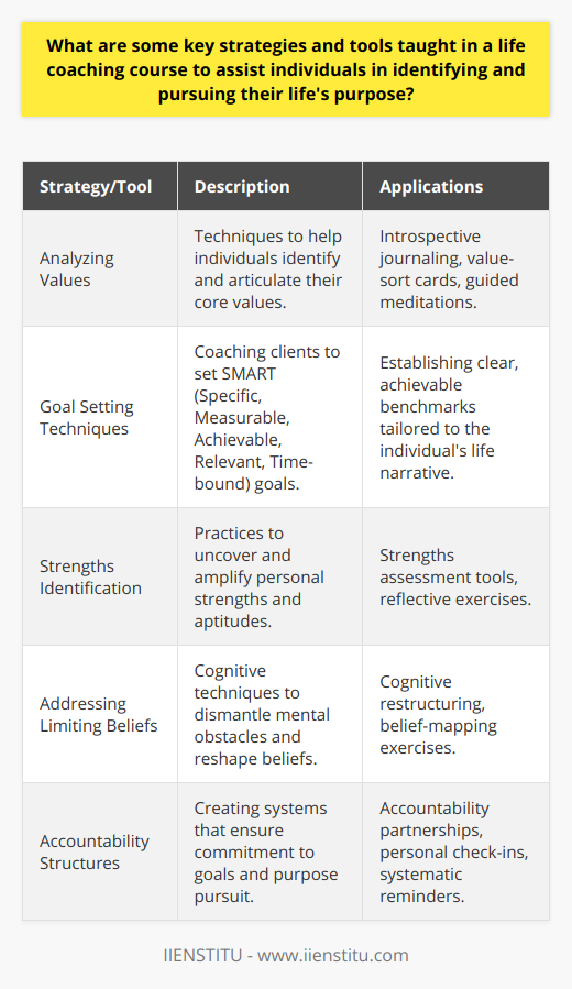 Life coaching courses are increasingly becoming a bridge for individuals seeking to navigate the complex journey of realizing their life's purpose. These courses offer a blend of strategies and tools designed to illuminate the path to personal fulfillment and purpose-driven living. Here's an exploration of some key concepts and methodologies a life coaching course from a provider like IIENSTITU might offer to assist students in this quest.**Analyzing Values**Values lie at the core of who we are and influence our behaviors and choices. A life coaching course delves into this terrain, offering exercises and discussions that help individuals identify and articulate their core values. This can involve introspective activities such as journaling, value-sort cards, or guided meditations aimed at discerning what truly resonates on a personal and emotional level. Understanding one's values provides a roadmap to align life choices with what is innately important to them, thus navigating toward a purpose that feels authentic and fulfilling.**Goal Setting Techniques**Goal setting is a stalwart feature in life coaching, providing a structured approach to transforming aspirations into reality. Coaches are trained to guide clients in crafting SMART goals—an acronym for Specific, Measurable, Achievable, Relevant, and Time-bound—to establish clarity and focus. These methodologies emphasize the importance of setting benchmarks that are not only ambitious but also realistic and closely connected to an individual's larger life narrative, allowing them to plot a course in congruence with their envisioned purpose.**Strengths Identification**Embracing and capitalizing on one's strengths is pivotal in any journey toward self-actualization. Life coaching courses often incorporate strengths assessment tools and reflective practices designed to uncover and magnify individual aptitudes. When people operate from their zones of strength, they are likely to experience increased engagement and success, which can bolster confidence in their pursuit of purpose. Knowledge of one's strengths can be a beacon that guides decision-making and opportunity seeking, aligning endeavors with innate competencies and passions. **Addressing Limiting Beliefs**One of the transformative aspects of life coaching is its focus on overcoming internal barriers. Limiting beliefs are the silent saboteurs of potential; thus, coaching techniques aim to expose and dismantle these mental obstacles. Through methodologies such as cognitive restructuring or belief-mapping, individuals learn to question and rewrite the narratives that have held them back from embracing their true potential and purpose. This empowerment comes from recognizing that beliefs are malleable and do not have to define one's trajectory.**Accountability Structures**Setting goals and identifying strengths would be futile without a system of accountability. A life coaching course places significant emphasis on creating an environment where accountability is woven into the fabric of progress. This can manifest as pairing with an accountability partner, constructing personal check-ins, or setting up systematic reminders that keep one's goals in sight. Accountability is the silent witness to commitments made, ensuring that individuals remain tethered to the pursuit of their purpose, even amidst life's inevitable fluctuations.**Conclusion**The strategies and tools provided in a life coaching course are integral to uncovering and charting a path toward life's purpose. From the deeply introspective work of understanding personal values to the practical steps of goal setting and accountability, these offerings help individuals curate a life that is not only successful by external standards but also richly satisfying on a personal level. Throughout the process, individuals learn to trust in their unique journey, utilizing their newfound insights and skills to forge a life that resonates profoundly with their true calling.