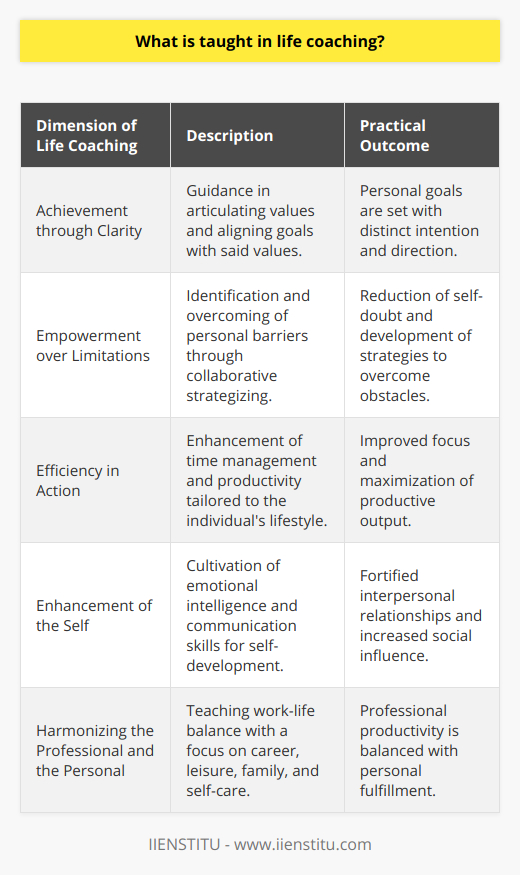 Life coaching is a transformative practice that furnishes individuals with an array of skills and insights designed to amplify their quality of life. Through this process, individuals learn to fine-tune their intentions and aspirations, unlocking their latent potential and achieving a harmonized state of existence.Achievement through ClarityCentral to the life coaching journey is the cultivation of crystal-clear personal goals. Coaches guide their clients to delineate impactful objectives by cutting through the fog of indistinct desires or societal expectations. Clients learn to articulate their values and align their goals with these core principles, creating a congruent and purposeful direction for their lives.Empowerment over LimitationsLife coaches are adept at empowering clients to hurdle over personal blocks. These may take the form of deeply embedded self-doubts, fears, or recurrent patterns that stymie progress. The coach's role is to illuminate these hindrances and collaborate with the client to construct pathways through, or completely circumvent, the identified obstructions to personal success.Efficiency in ActionEfficiency lies at the heart of effective life performance. Clients are inculcated with time management acumen and productivity techniques specific to their individual needs. Coaches might explore methodologies to set priorities, eliminate distractions, or leverage peak energy periods. This personalized toolkit helps clients to transform from being busy to being result-driven.Enhancement of the SelfLife coaching is imbued with a strong emphasis on continuous self-improvement. It's about cultivating a reflective mindset where clients assess and refine their emotional intelligence, communication skills, and overall self-perception. This process builds robustness and agility in interpersonal relationships, enhancing a client's influence and social connectivity.Harmonizing the Professional and the PersonalThe juggling act of professional commitments and personal contentment is deftly managed within life coaching sessions. Coaches impart the wisdom of balance, teaching clients how to circumscribe their career ambitions within a broader tableau that includes leisure, family, and self-care. This philosophy not only augments professional productivity but also nourishes the soul.Life coaching, therefore, is not merely a series of dialogues but a transformative engagement that equips individuals with the tools for self-realization and actualization across all life's domains. It's a journey that encourages individuals to sculpt a life that is not just successful by external measures but is resonant with their innermost being.