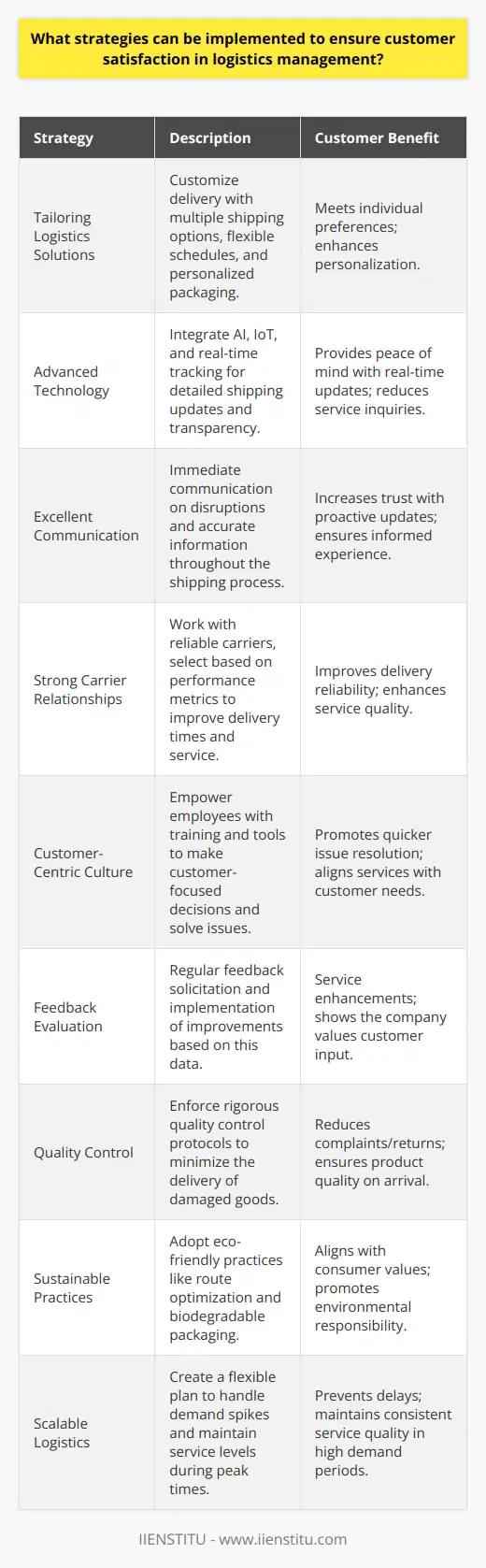 Ensuring customer satisfaction in logistics management is critical to building lasting relationships and fostering loyalty. Here are several strategies that businesses can implement:1. **Tailoring Logistics Solutions to Customer Needs** Every customer has unique requirements for their logistics. To ensure satisfaction, companies should personalize the delivery process by offering multiple shipping options, flexible delivery schedules, and customized packaging. This caters to individual preferences and adds a personal touch to the service.2. **Investing in Advanced Technology** Implementing advanced logistics technologies — such as AI, IoT, and real-time tracking systems — can significantly enhance the customer experience. This technology provides customers with detailed updates and transparency throughout the shipping process. For instance, implementing a sophisticated tracking system that provides real-time updates can give customers peace of mind and reduce the number of inquiries customer service receives.3. **Maintaining Excellent Communication** Clear, proactive communication can substantially elevate customer satisfaction. Businesses should ensure that they communicate any potential disruptions immediately, and provide timely and accurate information from the point of order through to delivery. Furthermore, having a responsive customer service team ready to address any issue is vital. 4. **Building Strong Carrier Relationships** Collaborating closely with reliable carriers can help ensure that delivery services meet customer expectations. Consistently evaluating and selecting carriers based on performance metrics can lead to improved service levels and delivery times, which directly influence customer satisfaction.5. **Adopting a Customer-Centric Culture** Fostering a culture that prioritizes the customer’s needs within the organization is essential. This involves training and empowering employees to make customer-focused decisions and providing them with the necessary tools to resolve issues and fulfill customer needs effectively.6. **Evaluating and Acting on Feedback** Regularly soliciting feedback from customers about their logistics experience can uncover areas for improvement. More importantly, companies must act on this feedback to make data-driven decisions that can lead to service enhancements.7. **Ensuring Quality Control** The condition of the product upon arrival significantly impacts customer satisfaction. Implementing rigorous quality control protocols at every stage of the supply chain can minimize the chances of delivering damaged goods and, as a result, reduce returns and complaints.8. **Implementing Sustainable Practices** Sustainability is becoming increasingly important to consumers. Companies that adopt eco-friendly logistics practices — such as optimizing routes for fuel efficiency, using biodegradable packaging, or participating in carbon offset programs — can enhance customer satisfaction by aligning with their values.9. **Creating a Scalable Logistics Plan** Scalability is vital for handling peak seasons or unexpected surges in orders. Having flexible and scalable logistics operations can help maintain service quality during busy times, preventing delays, and maintaining customer satisfaction.Each of these strategies requires careful planning and execution. By understanding and addressing the specific logistic needs of their customers, businesses can deliver exceptional service that meets or exceeds expectations, thereby fostering sustained satisfaction and loyalty.