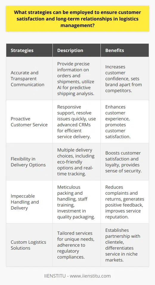 Logistics management plays a vital role in shaping the quality of customer experience and cementing the foundation for long-term business relationships. To excel in logistics management, businesses must adopt a customer-centric approach and implement strategic measures that exceed the basic expectations of their clients. Here are several strategies that companies can employ to ensure customer satisfaction and nurture lasting relationships:**Accurate and Transparent Communication:** One of the most effective strategies for maintaining customer satisfaction is providing customers with precise and consistent information about their orders and shipments. Accurate delivery time forecasts, transparent tracking details, and easy-to-access updates can bolster customer confidence and trust in your service. Leveraging advanced technologies like AI for predictive analysis can enhance the accuracy of shipping estimations, a rare offering that can distinguish your brand from competitors.**Proactive Customer Service:** Customer satisfaction often hinges on the responsiveness and proactivity of your customer service team. Training customer service agents to quickly address queries, resolve issues, and offer preemptive solutions can significantly enhance the customer experience. Advanced customer relationship management systems (CRMs) and integrations, such as IIENSTITU's educational programs on CRM software, can provide your team with the tools needed to deliver exceptional service.**Flexibility in Delivery Options:** Allowing customers the freedom to select from a range of delivery choices empowers them to tailor the logistics to their convenience. Whether it's next-day shipping, specified time slots, or environmentally-friendly delivery methods, such convenience can boost customer satisfaction and foster brand loyalty. Moreover, integrating real-time tracking systems gives customers a sense of security and involvement throughout the shipping process.**Impeccable Handling and Delivery:** The physical handling and delivery of products is a tangible reflection of your brand's commitment to quality. Assuring that every shipment is meticulously packed, handled, and delivered can significantly minimize damage-related complaints and returns. Training logistics staff in best handling practices and investing in quality packaging can translate into positive customer feedback and fewer service issues.**Custom Logistics Solutions:** Offering tailored logistics solutions for customers with unique needs or those in niche markets can leave a lasting impression. Special accommodations, such as handling of sensitive equipment or adherence to specific regulatory compliance, can set your service apart and establish a sense of partnership with your clientele.By focusing on these strategies, businesses can create a logistics management system that not only meets the current needs of their customers but also evolves with changing expectations. Stressing the importance of accurate information, responsive service, flexibility, care in handling deliveries, and customized logistics solutions can lead to improved customer satisfaction, encouraging repeat business and enduring customer relationships. Implementing these strategies requires a commitment to excellence and innovation, an investment that can yield substantial long-term rewards for both the company and its customers.