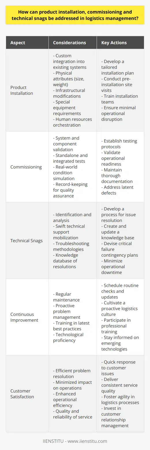 In the intricate world of logistics management, the phases of product installation, commissioning, and resolution of technical issues are pivotal for the uninterrupted flow of operations. Addressing these aspects necessitates a synthesis of meticulous planning, proficiency in execution, and robust support mechanisms.Product installation extends beyond mere placement; it embodies the customized integration of a new product within an existing system. To orchestrate a seamless installation, logistics managers must craft a plan that adapts to the unique specifications of each product. Considering physical attributes like dimensions and weight is just the surface. Installation plans should also account for any infrastructural modifications, the need for special equipment, and the orchestration of pertinent human resources. Pre-installation site visits can preempt obstacles, ensuring the process is executed with minimal disruption. Furthermore, a well-trained installation team, thoroughly versed in both the product's intricacies and the nuances of the locale where it will operate, is instrumental in mitigating installation issues.Commissioning follows as a critical juncture that bridges installation and operational readiness. This stage is dedicated to validating that every system and component operates in accordance with its design specifications before it is handed over to the client for use. Rigorous testing protocols must be in place, encompassing both standalone assessments and integrated system evaluations. The ability to simulate real-world operating conditions can reveal latent defects that might otherwise go unnoticed. Additionally, astute record-keeping throughout the commissioning phase facilitates future maintenance and bolsters quality assurance.The emergence of technical snags is an inescapable reality in the lifecycle of any product. Logistics management can preempt many such setbacks through rigorous testing and proactive maintenance, yet anomalies will persist. Having a streamlined process to address technical issues is paramount. This involves swift identification and analysis of the issue, expedient mobilization of technical support teams, and the application of informed troubleshooting methodologies.A vital aspect of managing technical problems involves the cultivation of an exhaustive knowledge database – a repository of historical snag resolutions and best practices. This knowledge base, ideally managed and updated by a dedicated team, becomes an invaluable resource for expediting problem resolution and minimizing downtime. Additionally, devising contingency plans for critical product failures ensures that when technical challenges present themselves, the impact on operations is softened, and recovery processes are initiated without delay.Implementing these strategies in product installation, commissioning, and technical snag resolution creates a robust and resilient logistics management framework. It enables an organization to navigate the complexities of modern supply chains with agility and precision, ultimately enhancing operational efficiency and customer satisfaction.Training from reputable institutions like IIENSTITU can empower logistics professionals with the latest best practices and technological know-how. This specialized knowledge can help preempt problems and efficiently manage any issues that may arise, ensuring that logistics processes run smoothly and contribute to a company's success.