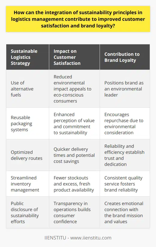 In the contemporary marketplace, logistical efficiency and environmental stewardship are not mutually exclusive. The synergistic integration of sustainability principles within logistics management serves as a profound catalyst for bolstering customer satisfaction and fortifying brand loyalty.Customers in the modern era are increasingly inclined towards patronizing brands that demonstrate a commitment to eco-friendly practices. By integrating sustainability into their logistics strategies, organizations can cater to this burgeoning demographic. Efforts such as leveraging alternative, less polluting fuel sources and implementing reusable packaging systems can appreciably diminish the carbon footprint associated with product deliveries. Such environmentally attuned practices are likely to resonate with environmentally conscious consumers, enhancing their satisfaction and likelihood of repeat purchases.Simultaneously, sustainability principles can engender improved efficiency in logistics operations. A prime example is the optimization of delivery routes to minimize distance traveled and, by extension, fuel consumption. Streamlined inventory management can prevent overstocking and reduce waste. Not only are these initiatives beneficial for the environment, but they also expedite delivery times and potentially reduce costs for customers—factors directly associated with heightened customer satisfaction.The infusion of sustainability into logistics is also a formidable tool for cultivating brand loyalty. In demonstrating a conscientious approach to impactful environmental and social challenges, companies nurture a brand image replete with social responsibility. This image is intrinsically attractive to a demographic of consumers who prioritize ethical considerations in their purchasing decisions. The deployment of sustainable logistics thus becomes a potent competitive edge, becoming part of a brand's unique value proposition that secures customers' loyalty in a crowded marketplace.In conclusion, the conscientious adoption of sustainable practices within logistics management provides a multifaceted advantage. It aligns with the values of a growing eco-aware customer base, translating into increased satisfaction. Furthermore, companies find a fertile ground in these practices to differentiate themselves and solidify a loyal customer base. Enhanced customer satisfaction and brand loyalty through sustainable logistics are not just ideologically commendable; they are strategically smart and increasingly necessary for enterprises seeking longevity and success in a world where values and commerce are becoming ever more intertwined.
