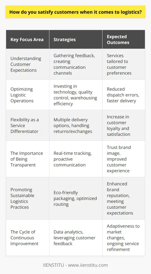 Satisfying customers in the domain of logistics is evolving into an art form that encompasses precise, customer-oriented strategies coupled with innovative operational tactics. In an age where the norm is a swift, seamless, and personalized shopping experience, logistics companies must dig deep into understanding and shaping their services to meet customer expectations.**Understanding Customer Expectations**The foundation of customer satisfaction in logistics lies in understanding the unique needs of each customer segment. This starts with gathering in-depth feedback not only on basic elements like delivery speed but also on more nuanced preferences such as delivery time windows, packaging quality, and multiple delivery options. Creating forums, surveys, and direct communication channels helps in understanding these needs and setting a clear benchmark for logistics services.**Optimizing Logistic Operations**To achieve the precision and efficiency that customers desire, logistics operations must be a symphony of well-coordinated movements. This requires investment in advanced logistics software and technologies that can streamline inventory management, order processing, and dispatch services. Addressing the finer details such as optimizing warehousing layouts and ensuring quality control checks can significantly reduce dispatch errors, leading to positive customer experiences.**Flexibility as a Service Differentiator**Modern consumers value flexibility as much as they value quality. Offering a range of delivery options or allowing for last-minute order edits adds a layer of convenience that scores high on customer satisfaction. This flexibility also extends to handling returns and exchanges with a customer-friendly approach to minimize any associated hassles.**The Importance of Being Transparent**In the logistics chain, transparency reigns supreme. Customers want to be in the know — from the moment they place their order to when it arrives at their doorstep. Providing real-time tracking information and maintaining open lines of communication through customer service excellence is imperative. Any disruptions or delays should be communicated proactively, with an emphasis placed on rapid resolution and candor.**Promoting Sustainable Logistics Practices**Sustainable logistics practices are no longer just a trend but an expectation from the environmentally conscious customer. Implementing green initiatives such as optimized route planning to curb emissions, eco-friendly packaging, and energy-efficient warehouses can enhance customer satisfaction. It is equally important to communicate these efforts effectively, showcasing the company's commitment to not only serving customers but also protecting the planet.**The Cycle of Continuous Improvement**Lastly, the journey to elevate customer satisfaction is relentless — it is a continuous cycle of assessment and enhancement. By leveraging data analytics and customer feedback, logistics providers can gain insights into changing customer behavior, preferences, and pain points. This information is invaluable for adapting and refining logistics strategies to serve customers better.Fulfilling the logistic needs of customers with excellence requires a deep understanding of their needs, a commitment to flexible and transparent service delivery, eco-conscious operations, and an endless pursuit of improvement. In an increasingly competitive market, logistics providers that adopt these practices are poised to build enduring customer relationships characterized by trust and satisfaction.
