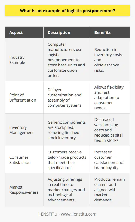 Logistic Postponement: An IllustrationIn the domain of supply chain management, the concept of logistic postponement stands out as a pivotal strategy aimed at refining operational efficiency, cutting down unnecessary expense, and improving customer satisfaction. This strategy hinges on delaying specific logistics activities, such as the final customization or assembly of products, until the precise moment when a customer's order is confirmed. By leveraging logistic postponement, companies gain the flexibility to swiftly adapt to consumer needs and changes within the market, thereby refining their responsiveness and competitive edge.An Exemplar of Logistic Postponement: The Computer IndustryTo elucidate the logistics postponement strategy, the computer industry furnishes a compelling illustration. Historically, computer manufacturers would stockpile a substantial inventory of pre-assembled units, ready to ship. This traditional approach, while ensuring prompt delivery, led to high carrying costs and the risk of these systems becoming obsolete before being sold, especially considering the rapid pace of technological evolution.Delaying the Point of DifferentiationA paradigm shift occurred when manufacturers realized they could delay the point of differentiation – the process of customizing products to customer specifications – until after an order had been placed. By focusing on the storage of base units and generic components, manufacturers were able to defer the final assembly and customization of the products. The components, being generic, had the advantage of longer life cycles and lower risk of obsolescence. Once an order was received, specifying processor speed, memory, storage, and other features, the final product could be quickly assembled, tested, and shipped to the customer. Advantages of PostponementThis postponement strategy yielded multiple benefits. For manufacturers, the burden of holding onto costly inventories was considerably lightened, resulting in reduced warehousing costs and less capital being tied up in stock. Furthermore, the risks associated with obsolete inventory were markedly diminished – a significant factor given the pace of change in technology features and consumer preferences.Moreover, from a customer standpoint, the ability to customize orders meant that they could obtain a product tailored precisely to their individual needs and current at the point of delivery. Satisfaction and brand loyalty were often heightened as a result.A Response to Market DynamicsIn a market characterized by rapid technological advancements, the need for manufactures to remain agile and responsive is critical. Logistic postponement facilitates this agility, empowering manufacturers to adjust their offerings in line with emerging trends and innovations. By maintaining a limited inventory of generic components and only completing assembly upon receipt of orders, companies could ensure their products weren't left languishing in a warehouse, potentially becoming outdated and unsellable.Closing ThoughtsIn essence, logistic postponement, demonstrated effectively within the computer industry, proves its worth as an operative strategy that can offer a multitude of advantages, from diminishing inventory costs to enhancing market responsiveness. As industries continue to evolve and the push for personalization and agility intensifies, such strategic approaches in supply chain management gain further prominence, aiding companies in achieving a competitive advantage in various sectors.