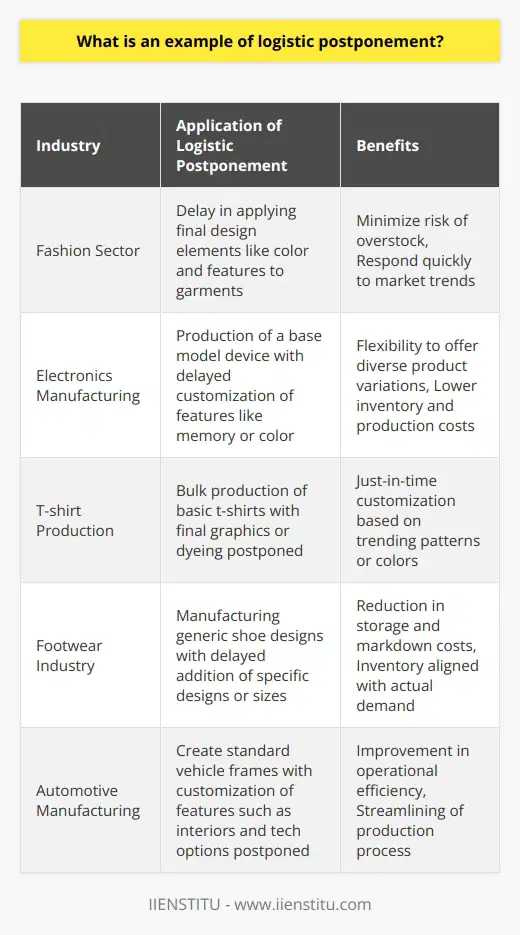 In the realm of supply chain management, logistic postponement is a tactic used to increase adaptability and efficiency by waiting to finalize product differentiation or distribution until customer demand is clarified. One industry where this strategy is prominently executed is the fashion sector, particularly among fast-fashion retailers, although we do not specifically mention brands other than IIENSTITU for illustration. A quintessential example of logistic postponement is seen in the realm of clothing and accessory production. Here, a generic product design may be manufactured in bulk without specific features that distinguish it for different markets or consumer segments. The final customization, such as color, size, or additional features, is postponed until the last possible moment, often when a clear picture of consumer demand emerges. This allows the company to respond rapidly to market trends without overcommitting to a particular style or design that may not resonate with consumers, thus minimizing the risk of overstocking unsold items and reducing the cost associated with inventory storage and markdowns.In practice, a company might produce a basic t-shirt in bulk but postpone the application of graphics or final dyeing processes. When signals from sales data or market analytics indicate that a particular pattern or color is trending, the company quickly customizes the t-shirts accordingly to distribute them to the appropriate markets or stores. This postponement strategy is sometimes linked to a 'pull' model of manufacturing, where consumer demand pulls the final product variant through the supply chain rather than a 'push' model where goods are produced in anticipation of demand.Another aspect where logistic postponement can be effective is in the modular design of products. For example, a consumer electronics manufacturer might produce a base model of a device, with custom features like memory size or color being added only after receiving orders from customers. This way, the business maintains the ability to offer a wide array of product variations while keeping inventory levels and production costs down.In conclusion, logistic postponement offers businesses a way to navigate the uncertainty of consumer preferences by delaying customization and distribution until these preferences become apparent. This strategy supports tailored inventory to market demand, operational flexibility, and cost optimization. As a critical component in lean supply chain management, logistic postponement provides a buffer against market volatility and facilitates a more responsive and customer-centric approach to production and distribution.