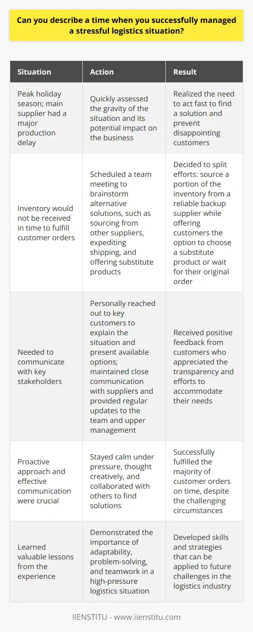 In my previous role as a logistics coordinator, I encountered a particularly stressful situation during the peak holiday season. Our main supplier had a major production delay, which meant we wouldnt receive our inventory in time to fulfill customer orders. Assessing the Situation I quickly realized the gravity of the situation and its potential impact on our business. I knew I had to act fast to find a solution and prevent disappointing our customers. Developing a Plan I immediately scheduled a meeting with my team to brainstorm alternative solutions. We considered various options, such as sourcing from other suppliers, expediting shipping, and offering substitute products. After weighing the pros and cons of each option, we decided to split our efforts. We would source a portion of the inventory from a reliable backup supplier while offering customers the option to choose a substitute product or wait for their original order. Communicating with Stakeholders I personally reached out to our key customers to explain the situation and present the available options. I listened to their concerns and worked with them to find the best solution for their specific needs. Meanwhile, I maintained close communication with our suppliers, monitoring the progress of both the original and backup orders. I provided regular updates to my team and upper management to ensure everyone was on the same page. Successful Resolution Thanks to our proactive approach and effective communication, we were able to fulfill the majority of customer orders on time. We received positive feedback from customers who appreciated our transparency and efforts to accommodate their needs. Through this experience, I learned the importance of staying calm under pressure, thinking creatively, and collaborating with others to find solutions. Im proud of how our team came together to overcome this challenge and maintain our commitment to customer satisfaction.