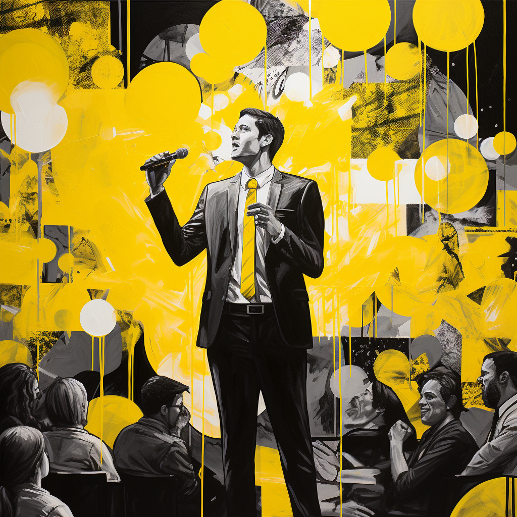 In this visually captivating scene, we find ourselves in the midst of a powerful metaphor for John's journey of self-discovery and transformation as a public speaker. The background is adorned with striking shades of yellow, evoking feelings of brightness and optimism, while the foreground is artistically depicted in contrasting black and white hues, symbolizing the internal struggle John faces. The image centers around John, the protagonist, who stands at the edge of a towering cliff. He is portrayed as a silhouette, emphasizing his initial lack of self-assurance and confidence. The windswept landscape adds an element of dynamism, representing the turbulence and uncertainty that characterizes his current state. In the distance, there is a magnificent and seemingly unattainable stage, brightly illuminated with golden spotlights. This represents John's ultimate goal: becoming a successful and passionate public speaker. The stage is positioned high above the clouds, reflecting the daunting challenge John must overcome to achieve his dreams. To further emphasize the inner conflict, we see two distinct paths leading from John's position. The first path is narrow and perilous, riddled with obstacles and sharp edges, signifying his hesitancy and fear of public speaking. On the other hand, the second path is broader, gradually sloping upwards, and adorned with motivational quotes and encouraging words. This path symbolizes the journey of growth, confidence, and empowerment that John must embark on to conquer his insecurities. As the viewer gazes at the image, they are encouraged to reflect on their own personal struggles and aspirations, empathizing with John's emotional journey. The colors, composition, and symbolism combine to create a thought-provoking and visually stunning prompt, inviting the observer to ponder the importance of self-belief and resilience in achieving one's goals.