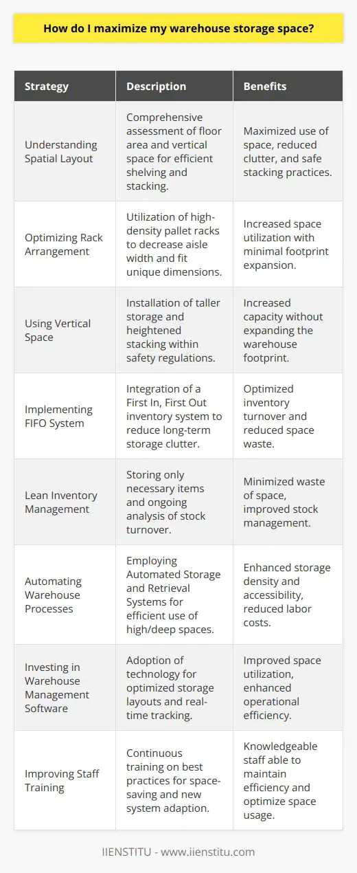 Maximizing warehouse storage space is an integral part of maintaining an efficient and productive operation, especially as businesses grow and inventory expands. Here's a streamlined strategy to enhance storage capacity in your warehouse:**Understanding Spatial Layout**To effectively utilize every square inch, you must first evaluate your warehouse's spatial layout. Assess the available floor area, taking note of any irregular shapes or obstructions that could impact shelving and storage. Moreover, don’t neglect the vertical space – the distance from floor to ceiling. Assessing the height of the warehouse enables you to determine how high you can safely stack materials.**Optimizing Rack Arrangement**Next, revisit your rack arrangement. Efficiently designed storage systems, such as high-density pallet racks, can dramatically increase your space. These racks reduce aisle width and can often be customized to fit the unique dimensions of your warehouse, providing maximum storage in a minimum footprint.**Using Vertical Space**Capitalizing on vertical space is paramount. By installing taller storage solutions and safely stacking items higher – within the limits prescribed by safety regulations – you can expand your storage capacity considerably. However, this may require investment in equipment like forklifts capable of reaching higher shelves securely.**Implementing FIFO System**Efficiency in inventory turnover is critical. A First In, First Out (FIFO) system ensures that older stock gets dispatched before newer items, preventing long-term storage that can clutter your space and potentially result in product obsolescence.**Lean Inventory Management**Employing lean inventory management practices can streamline your stock levels. By storing only what is necessary, you minimize the waste of space due to excess inventory and unsold goods. Regular analysis of stock turnover can help keep inventory at optimum levels.**Automating Warehouse Processes**Incorporating automation is a forward-thinking approach that can pay dividends. Automated Storage and Retrieval Systems (AS/RS) efficiently utilize high and deep spaces that are otherwise inaccessible, making denser storage configurations possible.**Investing in Warehouse Management Software**Another critical tool is warehouse management software. This technology can facilitate real-time tracking, optimized storage layouts, and faster retrieval times. Software solutions often feature analytics that assist in continuously improving space utilization.**Improving Staff Training**Lastly, all these investments must be coupled with well-trained staff. An educated team knows how to arrange stock methodically, handle equipment adeptly, and spot opportunities to save space. Continuous training helps maintain best practices and adapt to new systems.  By embracing these methods, you can unlock the full potential of your warehouse space. From optimizing layouts to sophisticated software aids, the goal is to create a harmonious system that allows for more stock, smoother operations, and ultimately, a more robust bottom line.
