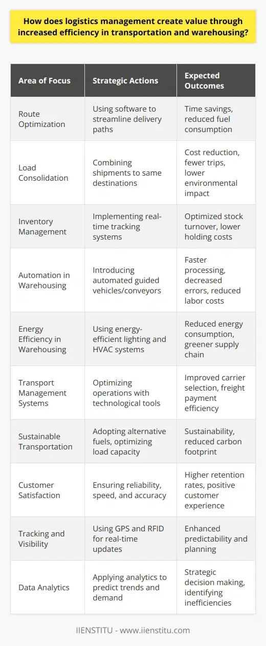 Logistics management generates significant value for organizations by optimizing both transportation and warehousing activities, which are core components of the supply chain. By doing so, it can lead to cost savings, improved customer service, and enhanced competitiveness.### Efficiency in TransportationTransportation is often one of the most costly aspects of logistics, and it is a vital component of delivering goods in a timely and efficient manner. Logistics managers focus on several key areas to increase efficiency:- **Route Optimization:** Using sophisticated software to analyze and streamline routes ensures that goods are delivered using the most efficient paths possible, saving time and reducing fuel consumption.- **Load Consolidation:** Combining shipments going to the same destination can reduce costs and the number of trips, resulting in a lower environmental footprint and better asset utilization.- **Carrier Selection:** By selecting the most appropriate carriers based on cost, reliability, and capability, logistics managers can ensure that transportation is both cost-effective and meets service requirements.### Warehousing EnhancementsThe value created in warehousing is largely impacted by the ability to store products effectively, manage inventory accurately, and fulfill orders efficiently:- **Inventory Management:** Advanced systems facilitate real-time visibility of stock levels and locations, leading to optimized inventory turnover and reduced holding costs.- **Automation:** Implementing automation in warehouses, such as automated guided vehicles or conveyor belts, can significantly speed up the picking and packing process, decrease errors, and lower labor costs.- **Layout Optimization:** Designing the warehouse for optimal flow can minimize travel time and streamline the storage and retrieval process, improving overall efficiency.### Integration of TechnologyLogistics management relies on technology, and advancements in this area have brought about transformational changes:- **Tracking and Visibility:** GPS and RFID technology give logistics managers and customers real-time visibility into where products are in the transportation process, enhancing predictability and allowing for better planning.- **Data Analytics:** Big data analytics can help in predicting trends, planning for demand, and identifying inefficiencies within the supply chain.- **Transport Management Systems (TMS):** These systems provide logistics managers with the tools they need to optimize transportation operations, from carrier selection and rate comparison to freight payment and audit.### Sustainable PracticesLogistics management not only seeks efficiency but also sustainability, recognizing the growing consumer and regulatory demands for environmentally friendly practices:- **Eco-friendly Transportation:** Utilizing alternative fuel vehicles or optimizing load capacity to reduce the number of trips required embodies sustainable transportation efforts.- **Reducing Waste:** Strategies like returnable packaging systems, sustainable packaging materials, and waste reduction techniques in warehousing can reduce the environmental impact.- **Energy Efficiency:** Implementing energy-efficient lighting, cooling, and heating systems in warehouses contributes to a greener supply chain.### Customer Satisfaction and RetentionUltimately, the purpose of increased efficiency in logistics management is to keep customers satisfied, which in turn drives business success:- **Reliability:** Efficient logistics lead to reliable fulfillment processes, instilling customer confidence.- **Speed:** Minimizing delays in transportation and streamlining warehousing operations ensure customers receive their products quickly.- **Accuracy:** Precise inventory management and order processing mean customers get exactly what they ordered, reducing returns and complaints.In delivering value through improved transportation and warehousing, logistics management encourages not only cost savings and efficiency gains but also supports strategic business objectives such as growth, customer satisfaction, and sustainability. By utilizing technology and adopting best practices, logistics management can transform these fundamental supply chain operations into a source of competitive advantage.