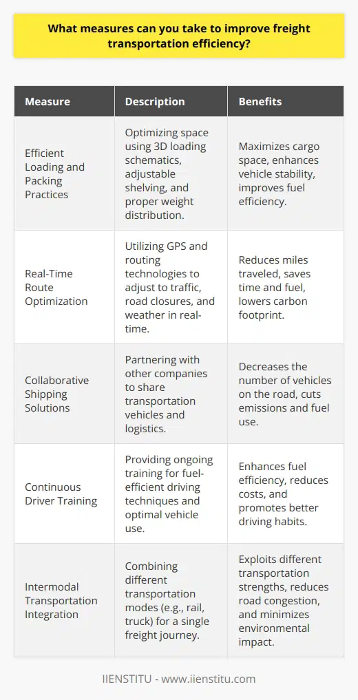 Improving freight transportation efficiency is essential for enhancing the logistics chain, reducing costs, and minimizing environmental impacts. Below are some measures that can be taken to achieve these goals:Efficient Loading and Packing PracticesAn effective way to improve freight efficiency is by optimizing loading and packing. Utilizing three-dimensional loading schematics can help in visualizing the best way to arrange items, allowing for the highest possible utilization of cargo space. Using adjustable shelving units within containers can adapt to different cargo sizes, ensuring minimal movement and maximizing space. In addition, weight distribution is crucial for vehicle stability and can also affect fuel efficiency.Real-Time Route OptimizationThe advancement in GPS and routing technologies allows for real-time route optimization that can adapt to changing conditions, such as traffic congestion, road closures, and weather patterns. Sophisticated software can analyze these variables and suggest alternate routes that save time and fuel. Adopting a proactive approach towards route planning can reduce miles traveled and therefore the related carbon footprint.Collaborative Shipping SolutionsCollaboration in logistics is a growing trend. Companies can work together to maximize the use of available space in transportation vehicles. This concept, known as collaborative distribution, can be particularly effective when companies share similar distribution routes or delivery schedules. This shared logistics strategy reduces the number of vehicles on the road, resulting in lower emissions and fuel consumption.Continuous Driver TrainingInvesting in continuous driver training programs can equip drivers with knowledge on fuel-efficient driving practices, such as maintaining a steady speed, anticipating traffic flow, and proper vehicle handling. Additionally, training programs focused on maximizing the use of vehicles' potential, like understanding the optimal use of gears, can contribute to reduced fuel consumption.Intermodal Transportation IntegrationIntermodal transportation is the practice of using multiple modes of transport for a single freight journey. This can significantly enhance efficiency as it allows each mode to be utilized for its strengths; for instance, rail for bulk, long-distance cargo, and trucks for last-mile delivery. Moreover, reducing the movement of goods by road can be both environmentally and economically beneficial.While these measures can boost freight transportation efficiency, the consistent application of best practices and the adoption of new technologies are key to sustaining these improvements over time. Implementing a combination of these efficiency strategies can help companies to achieve more sustainable logistics while maintaining operational excellence.