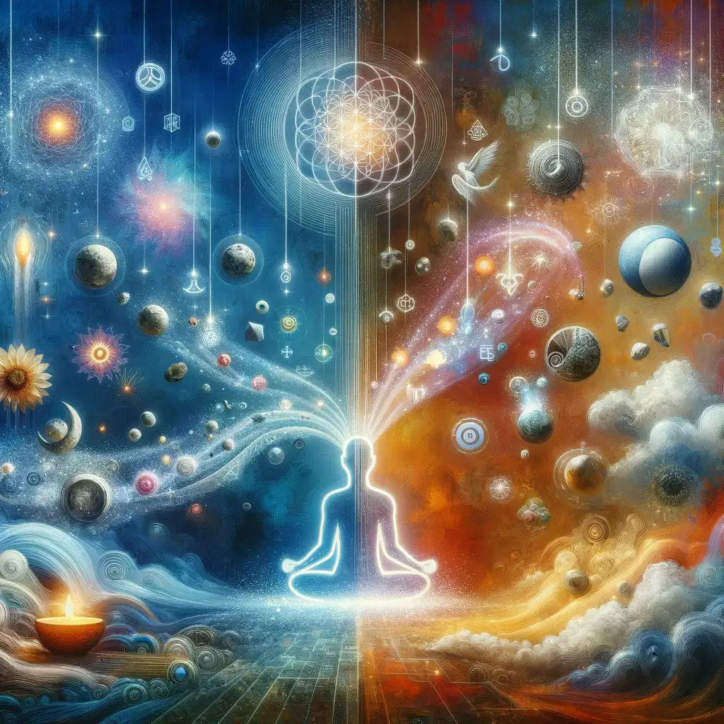 This image artistically interprets the role of mindfulness in reducing mental clutter. It symbolizes the transformation from a cluttered and chaotic mind to one characterized by clarity and peace. The depiction includes a serene, meditative environment where an individual is engaged in a mindful practice. The elements of softly glowing lights, gentle colors, and clear, open spaces illustrate the process of categorizing and acknowledging each thought. Overall, the atmosphere evokes tranquility and the therapeutic effect of mindfulness in restoring calm and decluttering the mind.