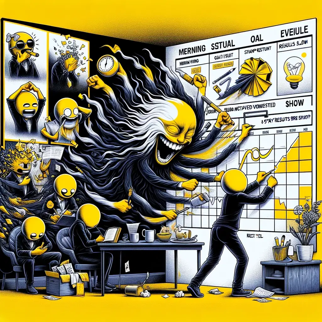 This illustration humorously depicts the integration of Mind Sweep into a daily routine and the challenge of staying motivated when results are slow. Using a color palette of yellow, black, white, and other contrasting colors, the image shows a character humorously struggling and then succeeding in incorporating Mind Sweep into their life. The scene includes elements of a morning ritual and an evening routine, as well as small motivational tools like goal lists or journals. The character is depicted in an exaggerated style, celebrating small victories or humorously checking off tasks. The detailed design helps viewers grasp the concepts of regular scheduling and staying motivated in Mind Sweep practice, presenting the technique in a visually engaging and amusing way.