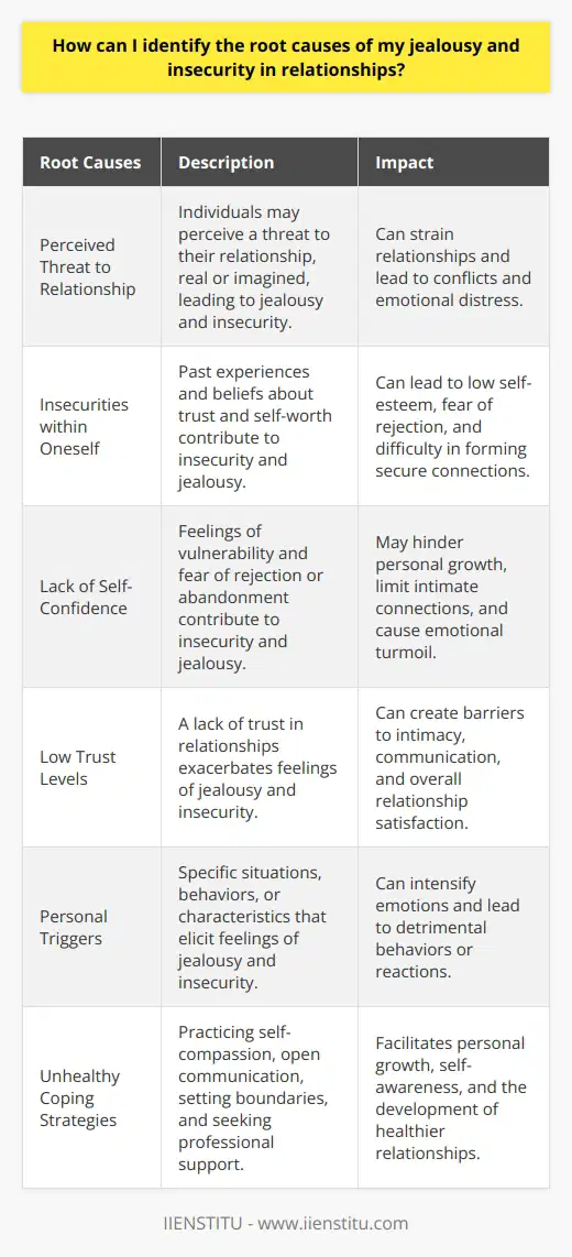 Understanding the root causes of jealousy and insecurity in relationships is essential for personal growth and the development of healthier connections with others. By delving into the origins of these emotions, analyzing personal experiences and beliefs, evaluating trust levels, identifying triggers, and developing healthy coping strategies, individuals can gain a deeper understanding of themselves and work towards overcoming these challenges.Jealousy often arises when individuals perceive a threat to their relationship, whether real or imagined. This can stem from insecurities within oneself or past experiences that have shaped one's beliefs about trust and self-worth. Exploring childhood experiences, early attachments, and past relationship patterns can shed light on the development of insecurity and jealousy.Insecurity, in particular, is often rooted in a lack of self-confidence. Feelings of vulnerability and fear of rejection or abandonment can contribute to a sense of insecurity and the subsequent development of jealousy. By examining core beliefs related to love, trust, and self-worth, individuals can gain insight into how these beliefs may be contributing to their feelings of insecurity.Evaluating trust levels in relationships is crucial when identifying the root causes of jealousy and insecurity. Trust is the foundation of any healthy relationship, and a lack of trust can exacerbate feelings of jealousy and insecurity. By examining the reasons behind low trust, individuals can address any underlying issues and work on building a stronger, more secure connection with their partner.Personal triggers play a significant role in the experience of jealousy and insecurity. These triggers can vary from person to person but often include specific situations, behaviors, or characteristics that elicit feelings of jealousy or insecurity. Recognizing these triggers allows individuals to gain a deeper understanding of their emotions and empowers them to manage their reactions effectively.Developing healthy coping strategies is vital for overcoming jealousy and insecurity. This can include practicing self-compassion, engaging in open communication with a partner, setting personal boundaries, and seeking support from a mental health professional when necessary. These strategies foster self-awareness and personal growth, allowing individuals to navigate their emotions and develop healthier and more fulfilling relationships.In conclusion, identifying the root causes of jealousy and insecurity requires self-reflection, analysis of personal experiences and beliefs, evaluation of trust levels, identification of triggers, and the development of healthy coping strategies. By addressing these components, individuals can work towards overcoming these emotions and fostering healthier relationships. It is an ongoing journey of self-discovery and personal growth that can lead to greater fulfillment in relationships.