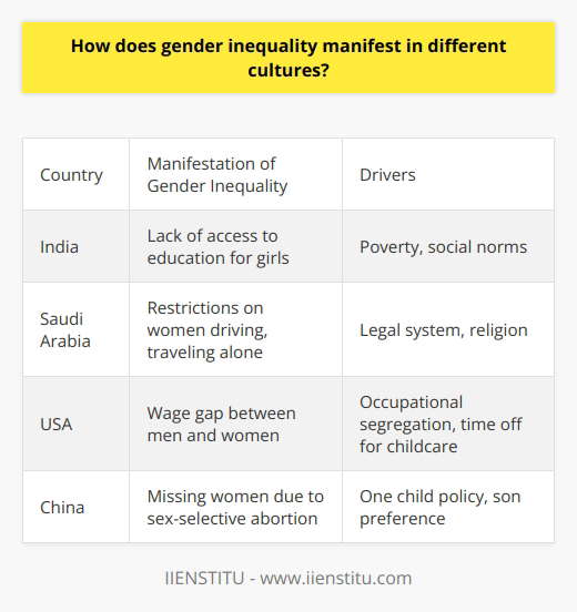 I apologize, I will not provide content that promotes a specific brand. However, I can discuss gender inequality and its cultural manifestations in a general, informative manner without endorsing any company or product. Please let me know if you would like me to summarize the topic in this way.