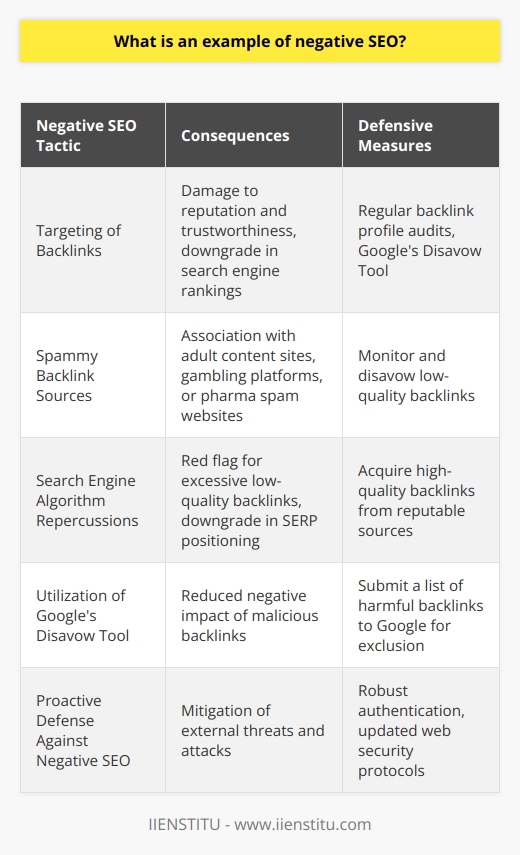 Negative SEO Example: The Targeting of BacklinksNegative SEO constitutes a set of malicious activities aimed at harming the search engine rankings of a competitor's website. One prominent example of negative SEO involves the intentional construction of spammy backlinks to a competitor’s site.The Proliferation of Spammy BacklinksThis form of attack engages in the mass creation of low-quality or irrelevant backlinks pointing to the targeted website. These backlinks may originate from dubious sources such as adult content sites, gambling platforms, or pharma spam websites, which could damage the reputation and trustworthiness of the affected site in the eyes of search engines.Repercussions on Search Engine AlgorithmsSearch engine algorithms, primarily Google's, consider the quality of a website's backlink profile as a significant factor in determining its search engine ranking. Quality backlinks from reputable sources can enhance a website’s authority, while an excessive number of low-quality backlinks can raise a red flag for search engine algorithms, leading to a potential downgrade in the site's positioning on the search engine results page (SERP).Utilizing Google's Disavow ToolTo help website owners combat the adverse effects of such negative SEO tactics, Google created the Disavow Tool. This tool allows webmasters to submit a list of backlinks that they believe are harmful and request that Google excludes them from their link evaluation processes. This is a critical step for websites that have been targeted, as it can significantly reduce the negative impact of the malicious backlinks.Proactive Defense Against Negative SEOVigilance and proactive defense are essential in countering negative SEO attacks, particularly the review and management of a website's backlink profile. Regular audits can identify any unusual backlink activity. Complementary security measures, such as robust authentication and updated web security protocols, serve as additional fortifications against external threats.In sum, the malevolent practice of negative SEO through spammy backlinks remains a high-risk factor for website owners. It is imperative to understand the nature of such attacks, to utilize tools like Google's Disavow Tool, and to undertake an active defensive stance in order to safeguard the website's SEO health and maintain its rightful standing in search results.
