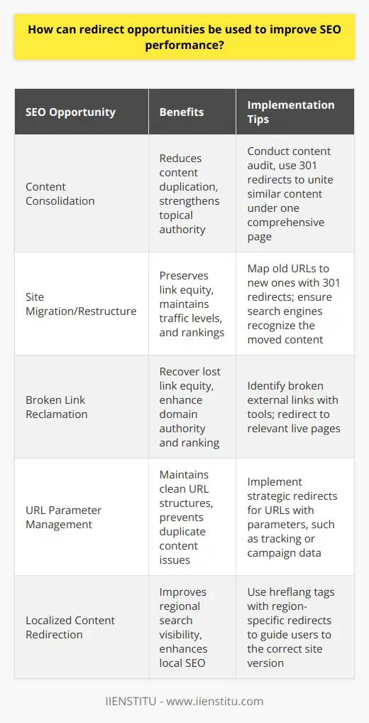 Redirect opportunities are a pivotal aspect of search engine optimization (SEO), serving as a versatile instrument in refining a website's visibility and ensuring search engines can access the most pertinent content. Naturally, search engines, like Google, aim to provide users with the most accurate and helpful information based on their search queries. If a webpage becomes unavailable, or its content is moved to a new URL, redirecting traffic properly is crucial in maintaining SEO equity and providing a seamless user experience.One of the more underutilized tactics lies in the consolidation of content. Over time, a website may accumulate several pages explaining or detailing similar topics. By performing a thorough content audit, you can identify these redundancies and implement 301 redirects, which permanently move the SEO value from the multiple older, less relevant pages to the singular, most comprehensive, up-to-date page. This not only eliminates duplicated content issues but also strengthens the topical authority of the destination page.Redirection strategies can be particularly beneficial following a site migration or restructuring. When URLs change, 301 redirects signal to search engine crawlers that the original page's content has permanently moved to a new URL, preserving link equity and minimizing traffic loss. Neglecting this can result in a significant drop in rankings as the search engine treats the new URL like an entirely different page lacking the historical signals of the original.Another exceptional but often overlooked application of redirects is the reclamation of 'link equity' from broken external links. Tools like Ahrefs or Screaming Frog SEO Spider can unearth instances where external sites link to URLs on your domain that no longer exist. By implementing a redirect from the broken URL to an appropriate, live page, you can recover lost link equity which can positively influence your website's domain authority and ranking potential.Moreover, Website owners can harness redirects to manage URL parameters in tracking campaigns. Parameters can often cause duplicate content issues; however, through the strategic use of redirects, you can maintain clean URL structures while still collecting valuable campaign data.Localized redirect strategies are indispensable when expanding into international markets. The use of hreflang tags in conjunction with region-specific redirects allows search engines to direct users to the version of your site that is most applicable to their locale and language preference, which can enhance visibility and improve local SEO.In conclusion, redirect opportunities are more than just a means to fix broken links; they are a strategic instrument in the SEO toolkit that can profoundly affect a website’s search engine visibility and ranking potential. By thoughtfully applying redirects to consolidate content, maintain link equity during site migrations, reclaim potential lost link equity, manage campaign parameters, and localize content for different regions, website owners can improve both user experience and SEO performance. It’s worth noting that for anyone looking to further their understanding and skills in SEO, IIENSTITU offers courses that delve into these strategies, providing in-depth knowledge and practical know-how.