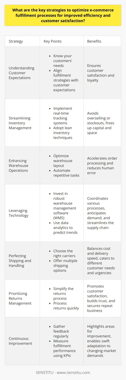 Introduction to E-commerce Fulfillment In the e-commerce domain, fulfillment processes stand as critical components. They ensure customers receive their orders promptly and in perfect condition. Enhancing these processes boosts efficiency and customer satisfaction. This post delves into key strategies for optimization. Understanding Customer Expectations Know Your Customers Needs First, understand customer expectations. They desire quick, error-free delivery. Keeping these at the forefront guides optimization efforts. Ensure direct alignment with your fulfillment strategies and customer expectations. Streamlining Inventory Management Implement Real-Time Tracking Accurate inventory management is vital. Use real-time tracking systems. They provide precise stock levels. This avoids overselling or stockouts, ensuring swift order processing. Adopt Lean Inventory Techniques Embrace lean inventory methods. They minimize excess stock, freeing up capital and space. This efficiency reflects in faster fulfillment. Enhancing Warehouse Operations Optimize Warehouse Layout An efficient warehouse layout streamlines the picking process. Keep fast-moving items accessible. Reduce travel time for pickers. This accelerates order processing. Automate Where Possible Consider automation in repetitive tasks. It increases speed and reduces human error. Automation ranges from conveyor belts to software solutions. Leveraging Technology Invest in Robust Software Robust warehouse management software (WMS) is essential. It coordinates various processes. This ensures accurate order fulfillment. Use Data Analytics Data analytics can predict trends. Use this to maintain optimal inventory levels. It anticipates demand, streamlining the supply chain. Perfecting Shipping and Handling Choose the Right Carriers Select carriers wisely. Balance cost and delivery speed. Reliability remains a key consideration as well. Offer Multiple Shipping Options Provide various shipping options. Customers appreciate choice. It caters to different needs and urgencies. Prioritizing Returns Management Simplify the Returns Process An easy returns process promotes customer satisfaction. It builds trust and potentially secures repeat business. Process Returns Quickly Handle returns promptly. It ensures stock is available for resale faster. This also improves customer relations. Continuous Improvement Gather Feedback Regularly Seek customer feedback frequently. It highlights areas for improvement. Implement changes based on this information. Measure Fulfillment Performance Set key performance indicators (KPIs). Monitor them regularly. Adjust strategies based on these metrics for continuous refinement. Conclusion Optimizing e-commerce fulfillment requires a blend of strategies. Align them with customer expectations and leverage technology. Ensure your operations remain flexible. This enables swift adaptation to changing market demands. Ultimately, an efficient fulfillment process solidifies customer trust and secures business sustainability.