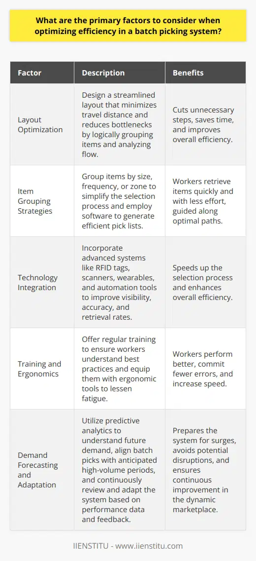 Batch Picking System Efficiency Understanding Batch Picking Batch picking involves collecting items for multiple orders simultaneously. It merges order demands, reducing travel time and boosting productivity. Systems must adapt to diverse dynamics present in warehouses and distribution centers. Layout Optimization Efficiency begins with layout.  A smartly designed layout ensures minimal travel. Shelve items logically, grouping fast movers together. Analyze flow and position items to reduce bottlenecks. A streamlined layout cuts unnecessary steps, saving time. Item Grouping Strategies Group items by size, frequency, or zone.  It simplifies selection . Workers retrieve items quickly and with less effort. Employ software to generate efficient pick lists. Lists guide workers along optimal paths, bringing efficiency. Technology Integration Incorporate advanced systems for tracking and picking.  RFID tags  improve visibility. Scanners and wearables enhance accuracy. Such technologies speed up the selection process. Automation tools like robots can boost retrieval rates. Training and Ergonomics Skilled workers make efficient systems. Offer regular training. Ensure they understand best practices. Equip them with ergonomic tools to lessen fatigue. Workers perform better, commit fewer errors, and increase speed. Demand Forecasting Understand future demand. Predictive analytics can shape picking strategies. Align batch picks with anticipated high-volume periods. This alignment prepares the system for surges, avoiding potential disruptions. Regular Review and Adaptation Continuous improvement is key.  Review performance data regularly. Seek feedback from workers. Adjust the system as needed. The marketplace is dynamic; the batch picking system should be too. Conclusion Efficiency in batch picking hinges on layout, item grouping, technology integration, training, forecasting, and adaptation. Consider these areas with precision. An efficient batch picking system is within reach.