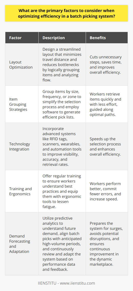 Batch Picking System Efficiency Understanding Batch Picking Batch picking involves collecting items for multiple orders simultaneously. It merges order demands, reducing travel time and boosting productivity. Systems must adapt to diverse dynamics present in warehouses and distribution centers. Layout Optimization Efficiency begins with layout. A smartly designed layout ensures minimal travel. Shelve items logically, grouping fast movers together. Analyze flow and position items to reduce bottlenecks. A streamlined layout cuts unnecessary steps, saving time. Item Grouping Strategies Group items by size, frequency, or zone. It simplifies selection . Workers retrieve items quickly and with less effort. Employ software to generate efficient pick lists. Lists guide workers along optimal paths, bringing efficiency. Technology Integration Incorporate advanced systems for tracking and picking. RFID tags improve visibility. Scanners and wearables enhance accuracy. Such technologies speed up the selection process. Automation tools like robots can boost retrieval rates. Training and Ergonomics Skilled workers make efficient systems. Offer regular training. Ensure they understand best practices. Equip them with ergonomic tools to lessen fatigue. Workers perform better, commit fewer errors, and increase speed. Demand Forecasting Understand future demand. Predictive analytics can shape picking strategies. Align batch picks with anticipated high-volume periods. This alignment prepares the system for surges, avoiding potential disruptions. Regular Review and Adaptation Continuous improvement is key. Review performance data regularly. Seek feedback from workers. Adjust the system as needed. The marketplace is dynamic; the batch picking system should be too. Conclusion Efficiency in batch picking hinges on layout, item grouping, technology integration, training, forecasting, and adaptation. Consider these areas with precision. An efficient batch picking system is within reach.