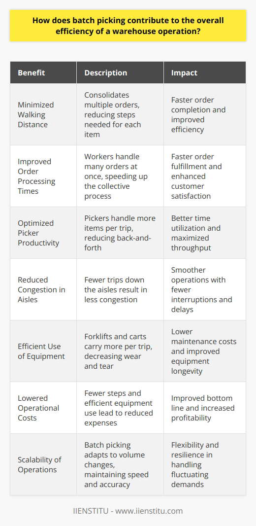Batch Picking Enhances Warehouse Efficiency Batch picking stands as a key strategy. It significantly boosts warehouse operations. By aggregating orders, warehouses optimize resources. They streamline the picking process. This leads to an expedited workflow. Minimized Walking Distance Batch picking consolidates multiple orders. It reduces the steps needed for each item. Fewer steps mean less time spent walking. Workers complete orders more quickly. This results in a more efficient operation. Improved Order Processing Times Short sentences speed order processing. Workers handle many orders at once. The collective process trumps individual picking. It ensures faster order fulfillment. This satisfies customers more effectively. Optimized Picker Productivity Batch picking improves picker productivity. Pickers handle more items per trip. It reduces the back-and-forth. Consequently, they utilize their time better. This maximizes throughput. Reduced Congestion In Aisles Fewer trips down the aisles mean less congestion. Batch picking contributes to this reduction. This allows for smoother operations. It prevents potential delays due to traffic. Warehouses operate with fewer interruptions. Efficient Use of Equipment Equipment sees better utilization with batch picking. Forklifts and carts carry more per trip. This decreases the wear and tear. It saves on maintenance costs. Lowered Operational Costs By batch picking, costs go down. Fewer steps and efficient equipment use count. They lead to lower operational expenses. This improves the warehouses bottom line. Scalability of Operations Batch picking adapts to volume changes. It allows scaling up or down efficiently. During peaks, it maintains speed without compromising accuracy. This flexibility is crucial. It keeps the operation resilient. Batch picking clearly elevates warehouse efficiency. It does so by refining several operational aspects. It shortens distances, expedites processing, and boosts productivity. Additionally, it manages congestion and equipment use well. Ultimately, it cuts costs and allows scalable operations. All these factors contribute to a more proficient and profitable warehouse.