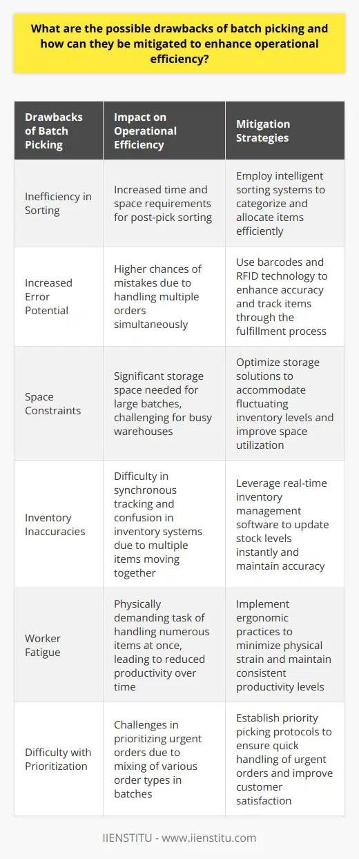 Drawbacks of Batch Picking Inefficiency in Sorting Batch picking can lead to inefficiency. Workers must sort items post-pick. This requires time and space. Increased Error Potential Errors become a concern. Workers handle multiple orders simultaneously. This complexity increases mistake chances. Space Constraints Space constraints can also pose challenges. Large batches need significant storage space. Busy warehouses can struggle with this. Inventory Inaccuracies Inventory tracking can suffer. Multiple items moving together can confuse systems. Synchronous tracking becomes difficult. Worker Fatigue Worker fatigue should not go unnoticed. Handling numerous items at once is physically demanding. It can reduce productivity over time. Difficulty with Prioritization Prioritizing urgent orders gets tough. Batches mix various order types. Urgent ones can get delayed. Mitigation Strategies Employ Smart Sorting Systems Intelligent sorting systems can assist. They categorize and allocate items post-pick. Efficiency in processing improves. Use Technology for Accuracy Barcodes and RFID enhance accuracy. They track items through the fulfillment process. Error rates decrease considerably. Optimize Storage Solutions Adaptive storage solutions ease space issues. They accommodate fluctuating inventory levels. Warehouses thus work more effectively. Leverage Inventory Management Software Real-time inventory management software is key. It updates stock levels instantly. Inventory accuracy stays intact. Implement Ergonomic Practices Ergonomic practices protect workers. They minimize physical strain. Consequently, they maintain consistent productivity levels. Establish Priority Picking Protocols Priority picking protocols allow flexibility. They ensure quick handling of urgent orders. Customer satisfaction improves as a result. By addressing these drawbacks, operational efficiency in batch picking can see significant improvement. Proper implementation of technologies and strategies holds the key to optimized order fulfillment processes.