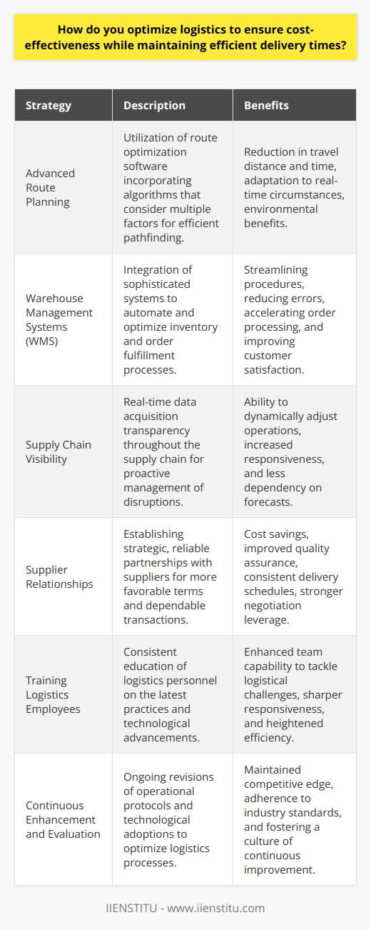 Optimizing logistics to ensure cost-effectiveness while marinating efficient delivery times is a multi-faceted endeavor, encompassing advanced planning and strategic operational management. Here is an outline of key strategies for logistics optimization that stand apart for their efficacy and relevance.**Implementing Advanced Route Planning**One of the critical steps in optimizing logistics is the implementation of sophisticated route planning techniques. By leveraging advanced software tools designed for route optimization, companies can significantly reduce the overall distance and time required for deliveries. These tools harness powerful algorithms that calibrate the most efficient travel paths, taking into account not just distance, but also real-time traffic data, vehicle capacity, drop-off locations, and even environmental considerations.**Investing in Warehouse Management Systems**Another vital investment should be in state-of-the-art Warehouse Management Systems (WMS). These systems are invaluable in streamlining inventory management and accelerating order fulfillment. They optimize processes through automation, which may include robotics and artificial intelligence. For instance, a robust WMS can directly guide order picking, bridging the gap between warehouse staff and inventory through precise, real-time data. An effective system substantially reduces error margins, diminishes the need for costly corrective measures, and increases overall customer satisfaction.**Enhancing Supply Chain Visibility**Supply chain visibility is paramount in today’s logistics landscape. It refers to the ability to access real-time data across the entirety of the supply chain. By ensuring all segments, from procurement to delivery, are transparent, managers can promptly identify and address disruptions. Enhanced visibility allows for the orchestration of the supply chain based on actual conditions rather than forecasts, enabling a more dynamic response to the unexpected.**Cultivating Strong Supplier Relationships**Strong, mutually beneficial relationships with suppliers serve as a cornerstone for logistics optimization. Through reliable and strategic partnerships, companies can benefit from better pricing structures, assured quality, and adherence to delivery schedules, all of which are fundamental to cost-effectiveness. Good rapport with suppliers elevates trust and facilitates negotiation, potentially leading to fiscal savings and preferred treatment.**Training Logistics Employees**Employees are the backbone of any logistics operation, and investing in their training is non-negotiable for an optimized logistics process. Routine and in-depth training modules ensure personnel are versed in the most current logistics practices and technologies. Empowering teams with knowledge and skills allow them to respond swiftly and competently to logistic challenges, directly influencing delivery efficiency.Continuous Enhancement and EvaluationUltimately, to achieve and maintain the equilibrium between cost-effectiveness and efficient delivery times, a continuous cycle of assessment and improvement is required. It entails keeping abreast of technological advancements, regularly revising operational protocols to align with the latest industry standards, and maintaining a culture of innovation and adaptability within the logistics framework. By committing to these principles, businesses can forge a logistics operation emblematic of efficiency and fiscal prudence.