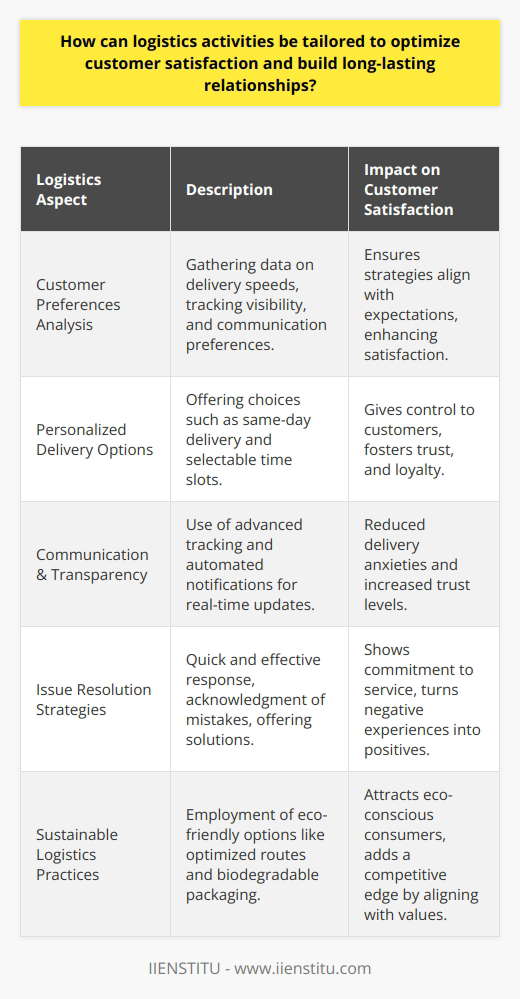 Optimizing logistics to meet customer satisfaction is a dynamic challenge that requires a multi-faceted approach. One of the core principles in achieving this is to develop a nuanced understanding of customer preferences. This involves gathering and examining data on delivery speeds, the visibility of tracking information, and communication preferences. Such data analytics empower companies to align their logistics strategies with customer expectations.Personalized delivery options have become increasingly crucial to customer satisfaction. By offering varied delivery alternatives – from expedited services like same-day delivery to the convenience of selecting specific delivery time slots – customers are given the power to choose logistics solutions that fit seamlessly into their unique schedules. Tailoring these options makes customers feel valued, and builds trust and loyalty.Communication and transparency are the backbone of customer satisfaction in logistics. Keeping customers informed about every stage of the delivery process can significantly enhance satisfaction levels. This could be facilitated through the use of advanced tracking systems and automated customer notifications, which provide real-time updates and reduce the uncertainty and anxiety associated with waiting for deliveries.When logistics issues arise, how they are resolved can make or break customer relationships. Effective resolution strategies include acknowledging mistakes, responding swiftly to complaints, and offering satisfactory solutions. This conveys to customers that their concerns are taken seriously and that the company is committed to maintaining high service standards.Sustainable logistics is rapidly gaining traction as a pivotal factor in customer satisfaction. By employing eco-friendly practices, such as optimizing delivery routes to reduce carbon emissions or using biodegradable packaging, businesses can appeal to the environmentally conscious consumer. Cutting-edge companies are recognizing the dual benefit of sustainability—minimizing environmental impact while also attracting and retaining customers who prioritize green practices.To summarize, optimizing logistics for customer satisfaction requires a tailored, customer-centric approach, focusing on personal preferences, delivery flexibility, transparent communication, efficient issue resolution, and sustainability. Incorporating these elements into a holistic logistics strategy translates into satisfied customers and enduring relationships, providing a competitive edge in the market that goes beyond mere transactional exchanges.