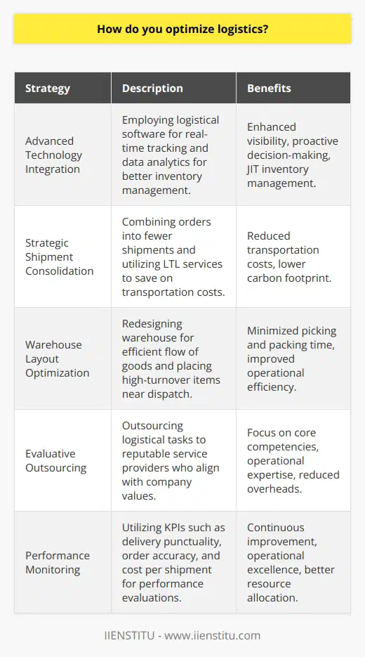Optimizing logistics—a vital component of the supply chain—is a multifaceted endeavor that involves streamlining processes to enhance efficiency, minimize costs, and uphold customer satisfaction. The complexities of global trade and consumer demands necessitate a strategic approach to overhauling the traditional logistics framework. Here, we explore actionable strategies that can fundamentally improve the logistics operations of a business.Integration of Advanced Technology: Integration and use of sophisticated logistical software are pivotal in modern supply chain management. By leveraging real-time tracking systems, an organization can gain granular visibility into its shipments, which enhances proactive decision-making. When synchronized with robust data analytics, these tools can dissect customer patterns, enabling JIT (Just-In-Time) inventory management, mitigating the risk of both stockouts and surplus inventories.Strategic Shipment Consolidation:Logistics costs can be considerably trimmed by consolidating shipments. Techniques such as combining orders to form one shipment, or utilizing less-than-truckload (LTL) services, lead to direct transportation cost savings. This tactic also contributes to ecological sustainability by reducing the carbon footprint of shipping activities.Warehouse Layout Optimization:A well-organized warehouse with an optimized layout propels operational efficiency. Optimizing the warehouse design to facilitate a seamless flow of goods—especially placing high-turnover items proximal to dispatch areas—can drastically minimize time spent on picking and packing. An advanced Warehouse Management System (WMS) buttresses this optimization by maintaining inventory accuracy and preventing logistical hiccups.Evaluative Outsourcing:Outsourcing non-core activities such as warehousing, transportation, or even certain management functions can be beneficial. However, selecting a reputable and capable service provider that aligns with the company's values and service expectations is critical. By outsourcing to the right partner, companies can concentrate on their core competencies while enjoying logistical expertise and potentially decreased overheads.Performance Monitoring:Developing a suite of logistics performance metrics provides insights into the effectiveness of logistics operations. Key Performance Indicators (KPIs) such as delivery punctuality, order accuracy, and cost per shipment are indispensable in assessing the performance of logistics processes. Continuous monitoring and adjustment based on these metrics ensure a relentless push towards operational excellence.In adopting these strategies, organizations must remain agile and responsive to the changing dynamics of the marketplace. Techniques such as lean logistics and adopting green logistics practices are becoming increasingly significant in an environmentally-conscious consumer market. Collaborating within the supply chain ecosystem, employing best practices and technological innovations, and having a relentless commitment to refining logistics operations will drive businesses toward unmatched proficiency in supply chain management.