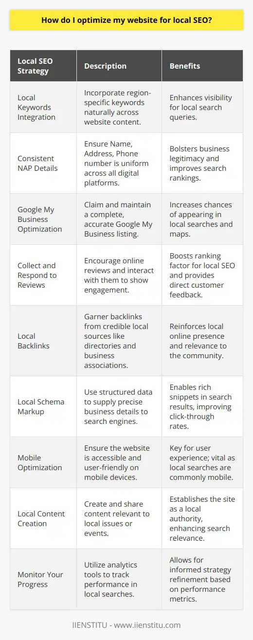 Optimizing a website for local SEO is essential for businesses targeting customers in a specific geographic area. Here's a brief guide on how to leverage local SEO to climb the ranks in local search results:1. **Local Keywords Integration**: Start by integrating keywords that reflect local search queries. This involves researching the terms people in your area use when looking for businesses or services similar to yours. Embed these keywords naturally in your website’s content, including the homepage, about us page, and service pages, as well as in your blog posts, if applicable.2. **Consistent NAP Details**: Display your Name, Address, and Phone number (NAP) clearly on your website, ensuring that it's consistent across all platforms, including social media, local directories, and your website. Search engines use NAP consistency to verify the legitimacy of a business, which can affect search rankings.3. **Google My Business Optimization**: Claim and optimize your Google My Business listing, making sure that all the information is complete and accurate. Regularly update your GMB with fresh content, such as posts, offers, events, and respond to reviews promptly. Also, categorize your business properly so that it can appear for the correct search queries.4. **Collect and Respond to Reviews**: Encourage customers to leave reviews online and make sure to respond to them, whether they are positive or negative. Reviews are a ranking factor for local SEO, and they also provide valuable feedback about your business.5. **Local Backlinks**: Secure local backlinks from reputable sites within your community, like local directories, business associations, or sponsorship of local events. These backlinks help reinforce your local presence and demonstrate relevance to your area.6. **Local Schema Markup**: Implement schema markup (structured data) on your website to provide search engines with detailed information about your business. This code helps search engines to display your site in rich snippets that can improve click-through rates.7. **Mobile Optimization**: Ensure your website is mobile-friendly. Local search increasingly happens on mobile devices, and a mobile-optimized site is crucial for providing a good user experience, which is also a ranking factor for search engines.8. **Local Content Creation**: Create content that speaks to local issues, news, or events. By doing so, your site becomes a local authority, improving its relevance in local search results. This can be through blog posts, videos, or local event pages.9. **Monitor Your Progress**: Use tools such as Google Analytics to monitor your website's performance in local search. Keep an eye on the traffic coming from local search, and refine your strategy based on what's working.Focusing your strategy on these elements can significantly improve your local search visibility. Combining these tactics can help search engines recognize your site as a relevant, authoritative source for users searching for local services or businesses.