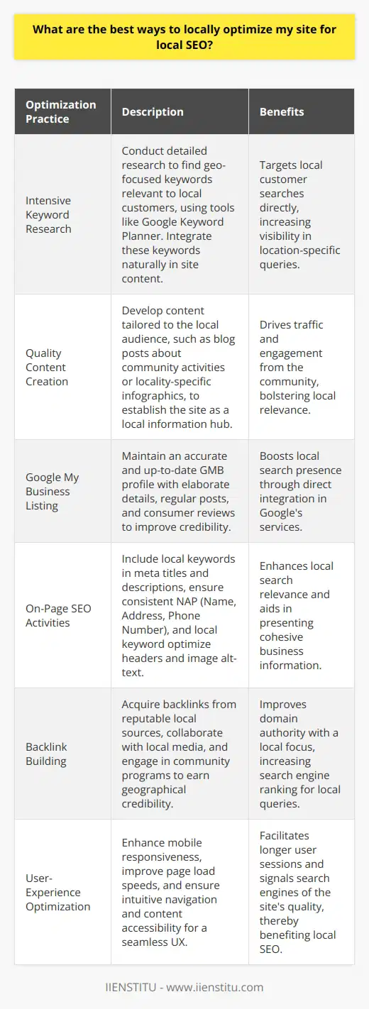 Engaging in local SEO involves a strategic approach that includes several key practices designed to increase your website's visibility among the local audience and improve your search engine ranking in location-specific queries. Taking proactive steps in each area can lead to significant benefits for your website's performance in local search results. Here's how to optimize your site effectively for local SEO:1. **Intensive Keyword Research:**     Begin with comprehensive keyword research that targets your geographical area. Utilize tools like Google Keyword Planner to discover the terms and phrases local customers are using. For instance, instead of targeting generic terms, focus on keywords such as best coffee shop in [City Name] or affordable plumbers near [Neighborhood]. Incorporate these area-specific keywords tastefully across your site content, ensuring natural integration that appeals to users and search engines.2. **Quality Content Creation:**     Create content that resonates with your local audience. Whether it's blog posts, infographics, or videos, make sure it addresses the interests and needs of your community. Regularly publishing useful content can establish your website as a resource hub for local residents, driving traffic and engagement. Cover local events, sponsorships, or issues to augment your relevance within the community.3. **Google My Business Listing:**     A complete and optimized Google My Business (GMB) listing is a pivotal component of local SEO. Ensure every detail is accurate and update your profile with fresh content, such as posts, offers, and events. Encourage customers to review your business on GMB, as positive reviews can enhance your credibility and ranking in local search.4. **On-Page SEO Activities:**     On-page SEO is crucial for local search optimization. Tailor your meta titles and descriptions with local keywords and ensure your NAP (Name, Address, Phone Number) is consistent across your site. Optimize headers, image alt-text, and content with location-specific keywords, enhancing local search relevancy.5. **Backlink Building:**     Backlinks from reputable local sources can significantly bolster your local search rankings. Establish relationships with local media, organizations, and bloggers to earn backlinks that carry geographical weight. Participate in community events or initiate charity programs to get mentioned by local entities, garnering both backlinks and goodwill.6. **User-Experience Optimization:**     A smooth, efficient user experience (UX) is instrumental for keeping visitors on-site. Prioritize mobile responsiveness given the prevalence of on-the-go searches. Additionally, ensure page load speeds are quick, navigation is intuitive, and content is accessible and digestible. A top-notch UX is a signal to search engines that your site is a quality destination for local searchers.By meticulously applying these practices, you can boost your local SEO efforts, making it easier for your target audience to find and engage with your business online. Remember that local SEO is an ongoing process, requiring regular updates and adjustments as your business and community evolve. With the right strategies in place, local SEO can become a powerful tool for connecting with your local market and driving business growth.