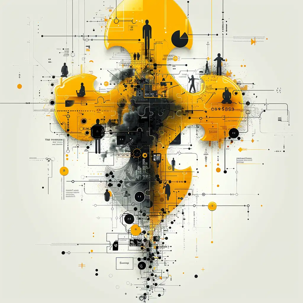 A striking image is presented, dominated by a dynamic interplay of yellow, black, and white hues. At the center of the composition stands a towering structure resembling a puzzle piece, symbolizing the complex nature of successful staffing techniques. Surrounding the puzzle piece are three distinct zones, each representing a key component of effective staffing. The first zone, highlighted in bold yellow, signifies talent acquisition. Within this zone, silhouettes of individuals engage in various activities, symbolizing the diverse pool of talent sought after by organizations. Online courses and MBA programs are depicted as pathways leading towards mastery in talent identification and recruitment strategy. The second zone, depicted in sleek black lines, represents the deployment of human capital. Silhouettes of workers in different roles and industries fill this zone, showcasing the importance of placing the right individuals in the right positions. The strategic alignment of skills and organizational needs is emphasized, with arrows indicating the seamless flow of talent within the workforce. The third zone, characterized by a blend of yellow and white, symbolizes the retention of talent. Here, a diverse group of individuals is depicted working together harmoniously, representing the inclusive environment necessary for retaining top talent. Emphasis is placed on diversity and inclusion, with symbols of various cultures and backgrounds intertwined to form a cohesive whole. Throughout the image, bold lines and geometric shapes convey a sense of structure and organization, reflecting the strategic nature of staffing techniques.