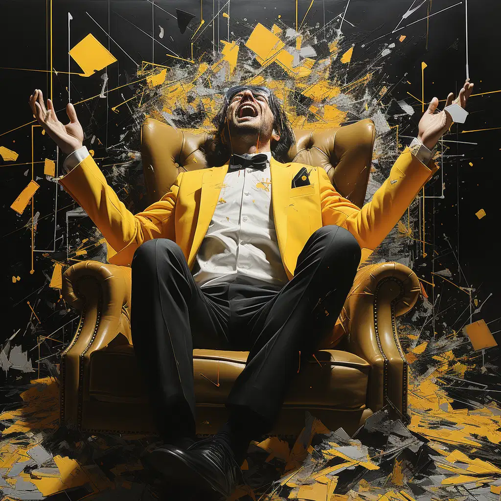 Vibrant hues of sunshine yellow and contrasting jet black paint the canvas, creating a dynamic visual spectacle. In the midst of this chromatic collision stands a surreal, larger-than-life depiction of perplexity. An oversized, comically bewildered clown in a classic black-and-white suit gazes perplexedly at a towering stack of office paperwork, resembling a skyscraper. His oversized yellow shoes seem to have lost their footing, adding to the sense of whimsy. The clown's painted-on smile and overexaggerated frown lines provide a humorous counterpoint to his bewildered expression. His red rubber nose stands out, symbolizing the lighthearted nature of the challenge before him. Above, a swarm of yellow balloons with enigmatic question marks emblazoned on them floats in the sky, adding to the sense of confusion and curiosity. They bob and weave in the air, seemingly defying gravity, mirroring the unpredictability of management in an organization. To the left, a ladder composed of oversized pencils leads nowhere, suggesting the futile attempts to climb the corporate ladder without a clear understanding of management. Meanwhile, to the right, a giant magnifying glass hovers, highlighting the need for scrutiny and analysis. In the foreground, a banana peel lies conspicuously, serving as a reminder that sometimes even the most serious of organizational matters can take a slippery turn. The image, in all its surreal glory, humorously encapsulates the perplexing world of management in an organization, where the clown-like confusion, the floating questions, the unsteady ascent, and the need for careful examination all play their parts in the grand, circus-like spectacle of organizational management.