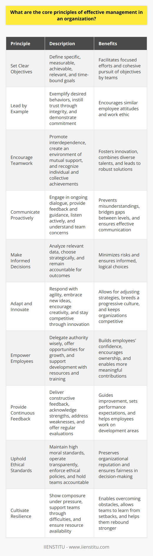 Effective Management Principles Effective management underpins thriving organizations. It encompasses various domains. Strategy, leadership, and communication are key. Managers ought to embody core principles routinely. We delineate these principles succinctly here.  Set Clear Objectives Objectives guide actions. Managers must define clear goals. Transparent aims facilitate focused efforts. They entail specific, measurable, achievable, relevant, and time-bound characteristics. Managers communicate these to teams. Teams then pursue objectives cohesively.  Lead by Example Leadership is action, not position. Effective managers exemplify desired behaviors. They instill trust through integrity. Managers demonstrate commitment. This encourages similar employee attitudes. Teams mirror managerial work ethic.  Encourage Teamwork Collaboration fosters innovation. Managers should promote interdependence. They create an environment of mutual support. Here, diverse talents combine. Thus, robust solutions emerge. Managers recognize individual contributions. They also value collective achievements. Communicate Proactively Communication is foundational. Managers engage in ongoing dialogue. They provide feedback and guidance. Good communication prevents misunderstandings. It bridges gaps between levels. Managers listen actively. They understand team concerns.  Make Informed Decisions Data drives decisions. Managers depend on accurate information. They analyze relevant data. Then, they choose strategically. This approach minimizes risks. It ensures informed, logical choices. Managers remain accountable for outcomes.  Adapt and Innovate Change is constant. Managers respond with agility. They embrace new ideas. Flexibility allows for adjusting strategies. Managers encourage creativity among teams. This breeds a progressive culture. Organizations stay competitive through innovation. Empower Employees Empowerment boosts morale. Managers delegate authority wisely. They offer opportunities for growth. This builds employees confidence. Empowered individuals take ownership. They contribute more meaningfully. Managers support development. They offer resources and training. Provide Continuous Feedback Feedback is essential. It guides improvement. Managers deliver it constructively. They acknowledge strengths and address weaknesses. Regular evaluations offer direction. Employees understand performance expectations. They work on development areas.  Uphold Ethical Standards Ethics matter. Managers maintain high moral standards. They operate transparently. Fairness governs their decisions. Ethics preserve organizational reputation. Managers enforce ethical policies. They hold teams accountable likewise.  Cultivate Resilience Challenges are inevitable. Managers foster resilience. They show composure under pressure. Resilience enables overcoming obstacles. Teams learn from setbacks. They rebound stronger. Managers support through difficulties. They ensure resource availability. Implementing these principles requires commitment. Managers must consistently apply them. Only then can they lead effectively. The principles offer a roadmap. Organizations flourish when managed well. Thus, these concepts have universal appeal. They suit various management contexts. Embrace them for organizational success.